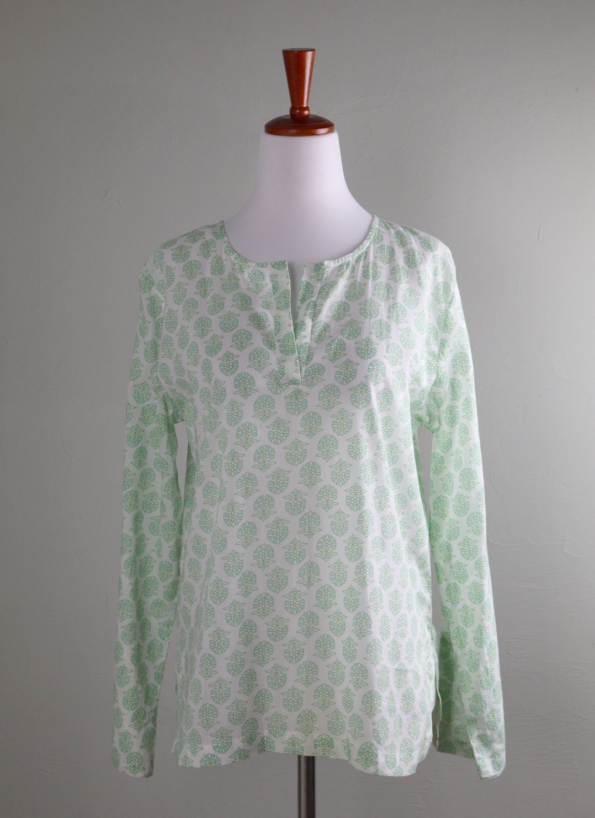 PINE CONE HILL V-Neck Fine Linens Block Print Cotton Tunic Top Size Small