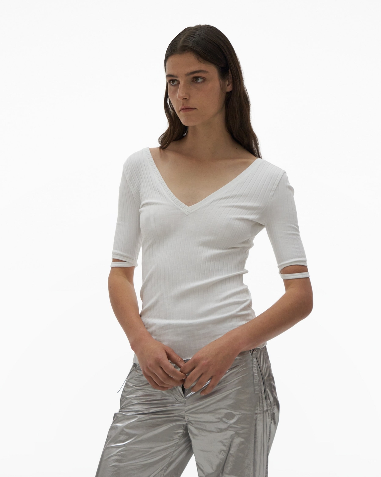 Helmut Lang 289312 Women’s V-NECK RIBBED TEE White Size Large