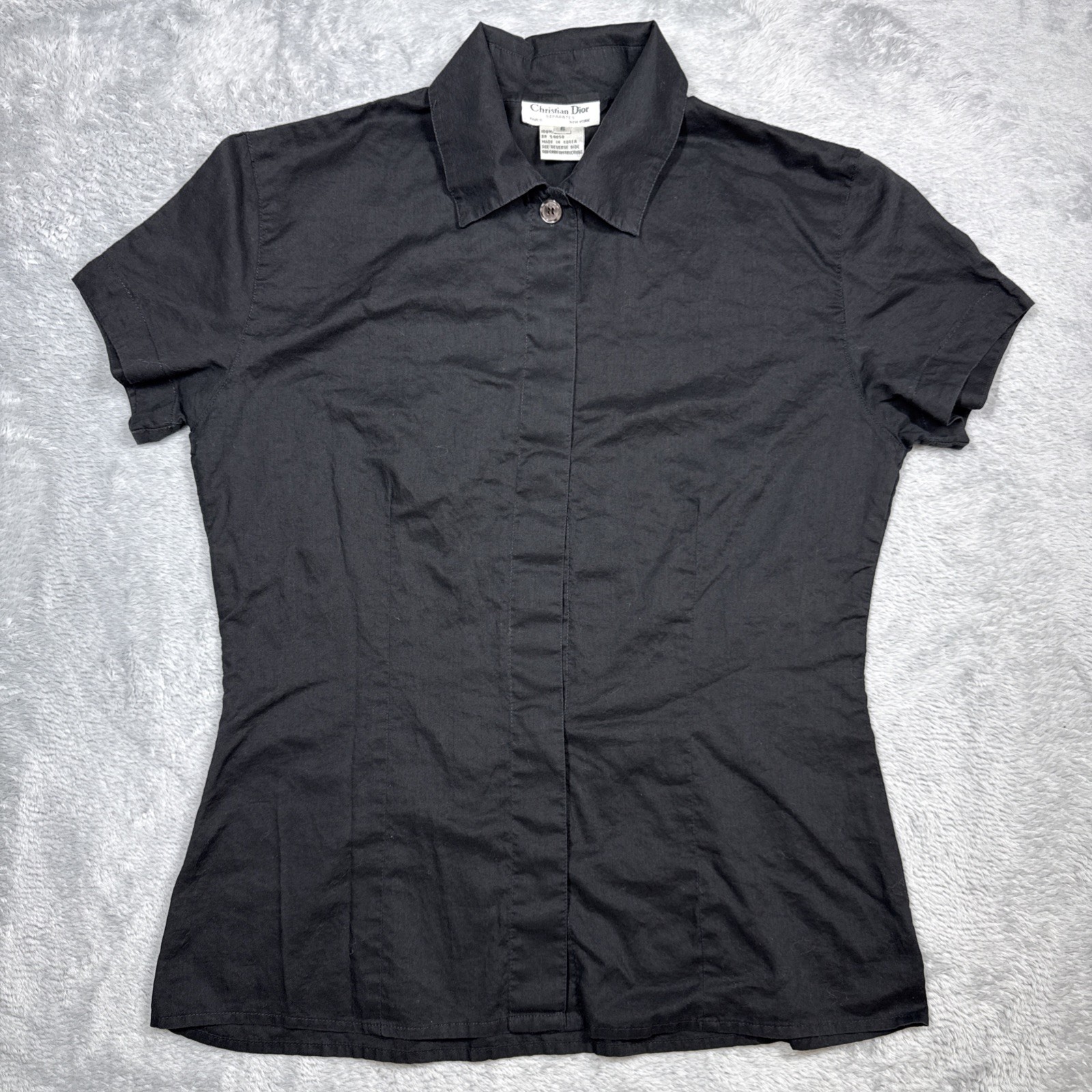 Vintage Christian Dior Top Womens 6 Black Hidden Placket Button Front Blouse 90s