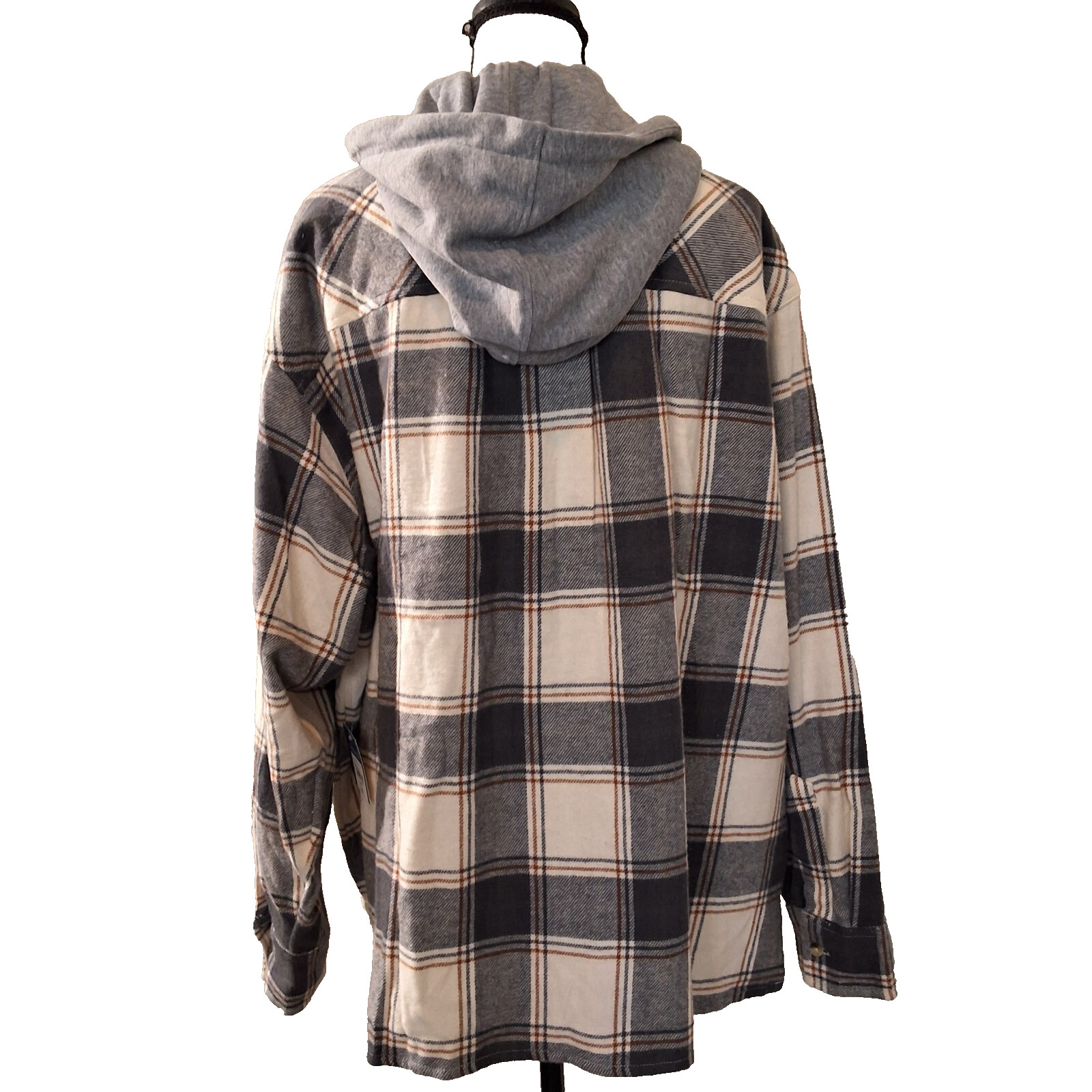 Arizona Womens Oversized Gray/Cream/Brown Flannel Shirt Contrast Hoodie Sz L/X.L