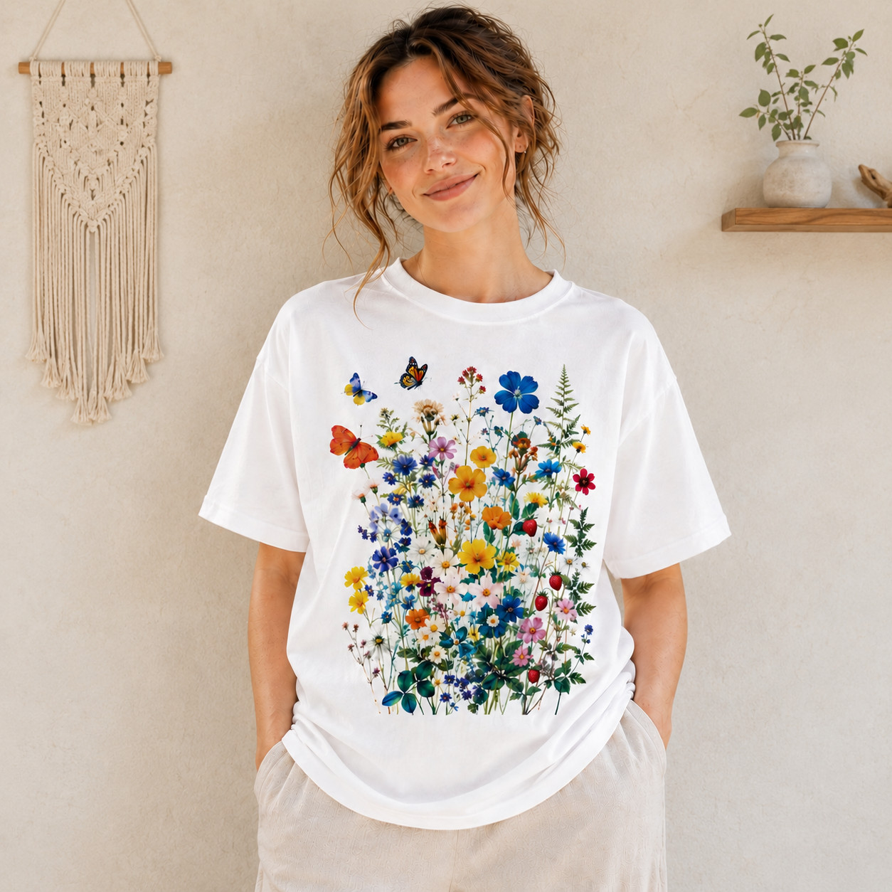Vintage Wildflower T Shirt Women Cottagecore Floral Butterfly Graphic Tee White