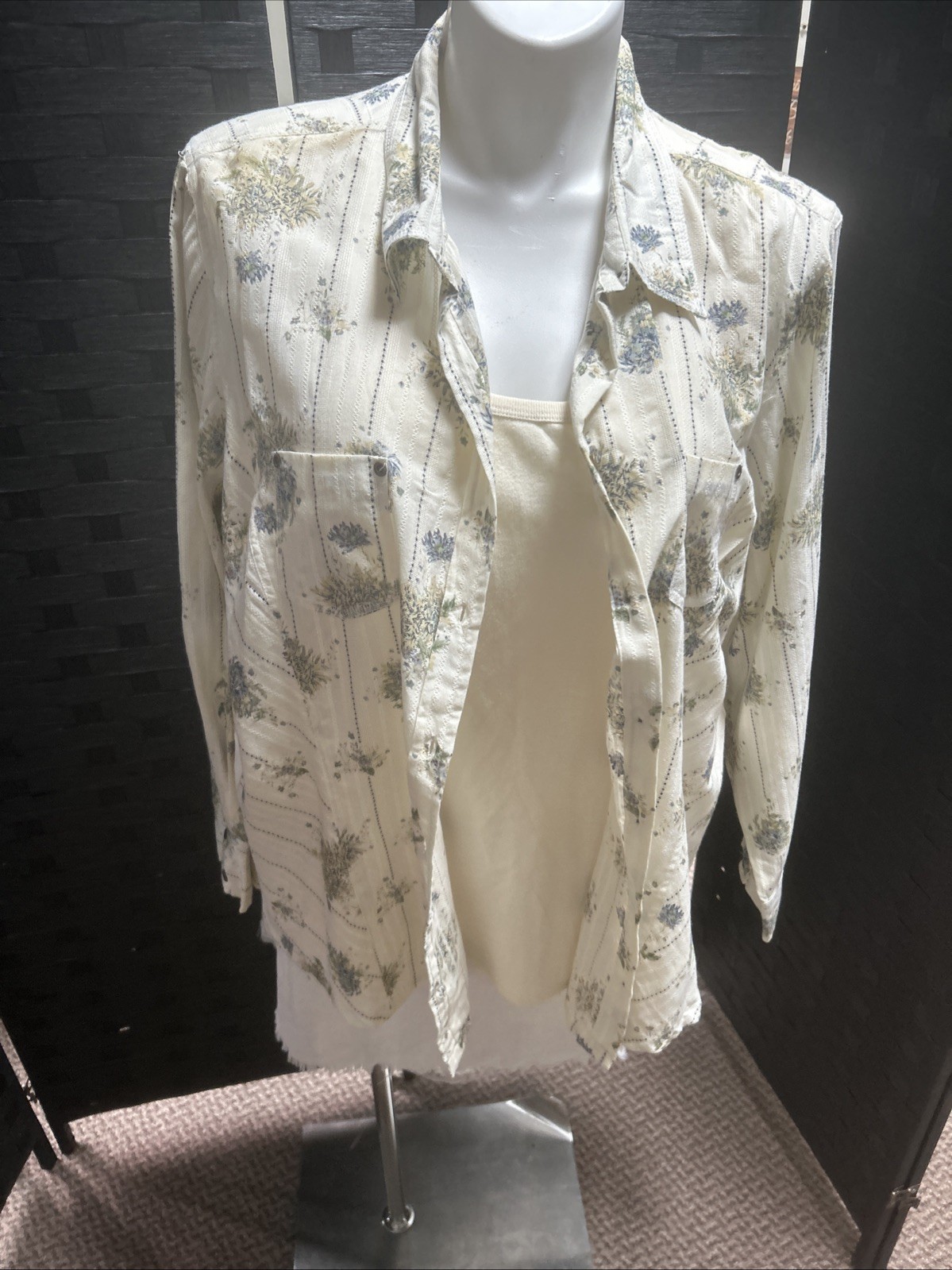 NEW Vintage 26/28 Fashion Bug 2in1 Ivory Floral 100% Cotton Button Up Blouse