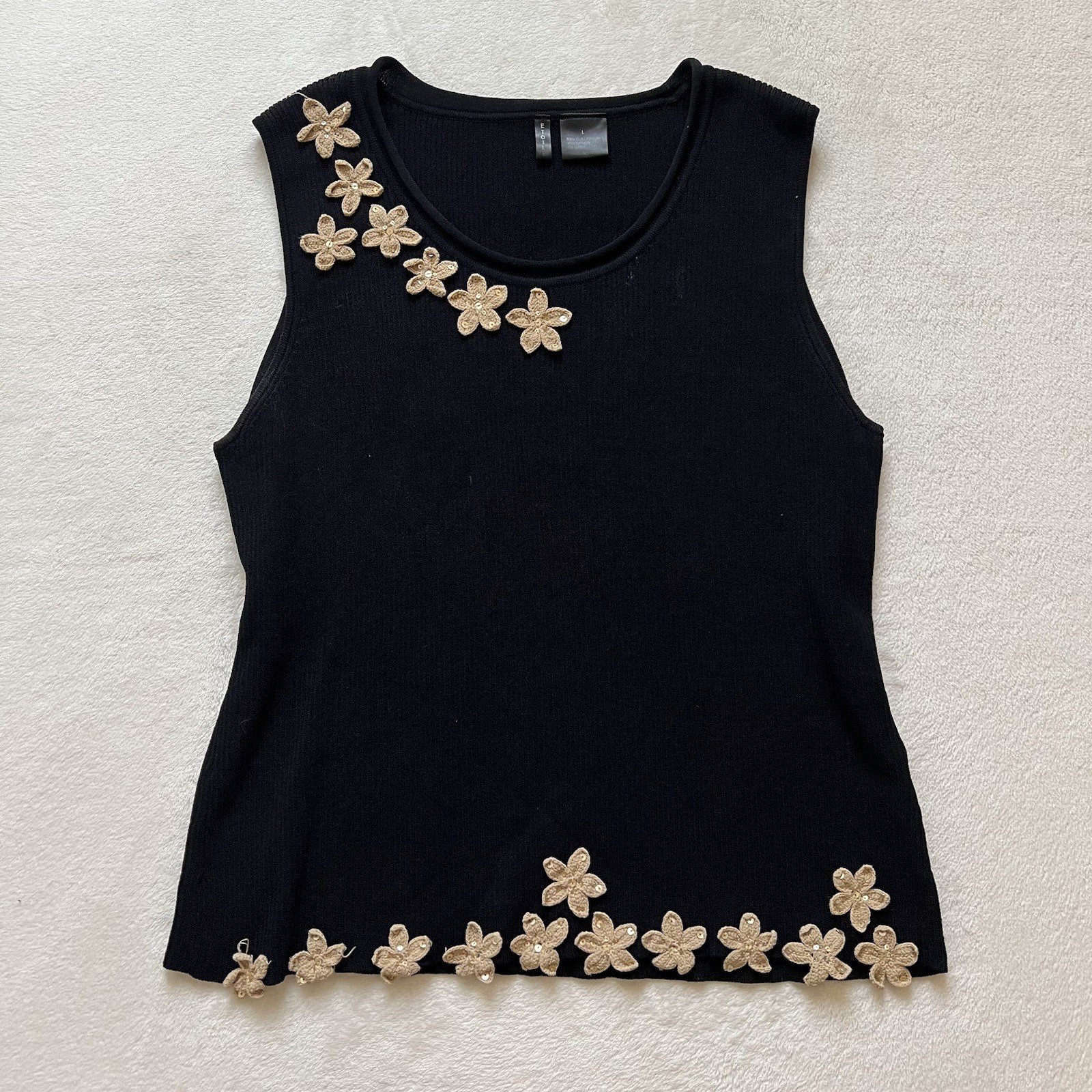 Women’s 90s Boho Fairy Black & Tan Flower Appliqué Tank Etoile Size L