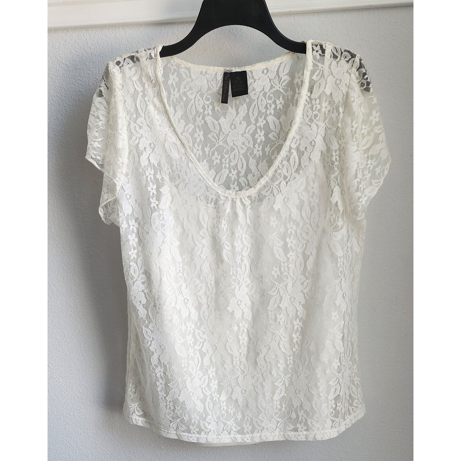 Nue Options Summer-weight Lace Top with Built-in Camisole White Petite XL EUC