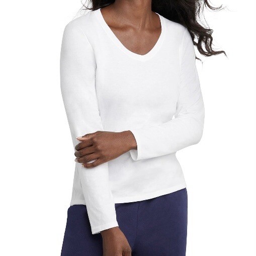 Hanes Womens Originals Cotton V-Neck Tee W/ Long Sleeves Size XS NWT White