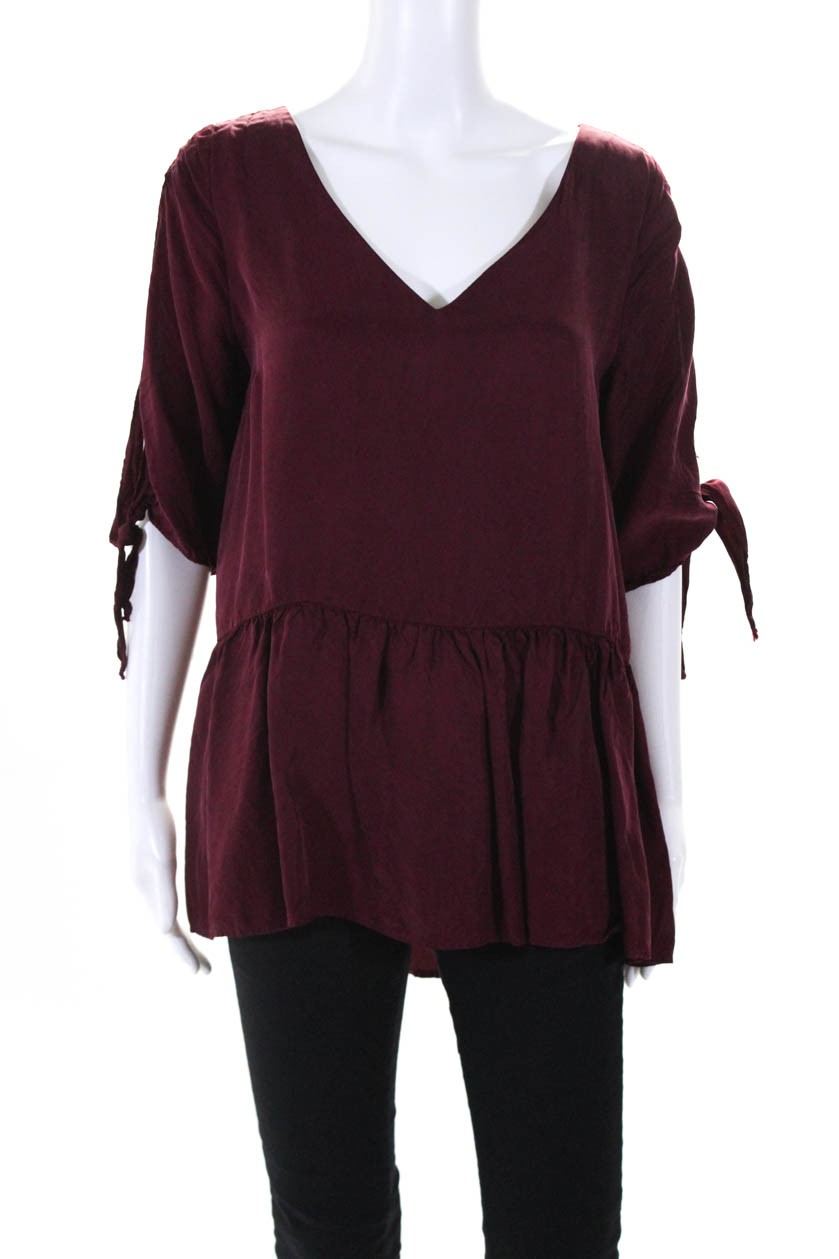 Paper Crown Womens Tie Cuff V Neck Ruffle Blouse Red Cotton Size Large 10820497