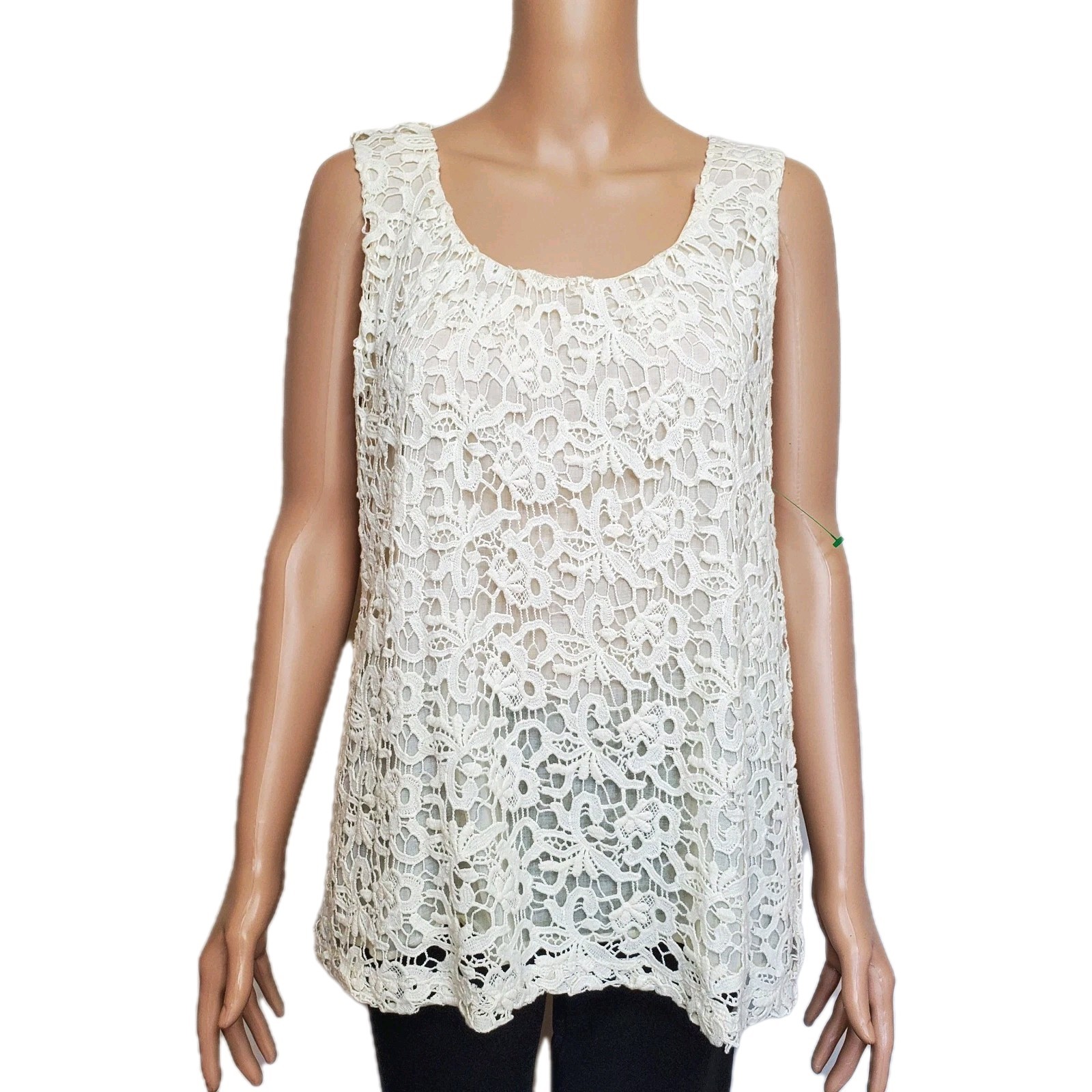 LUCKY BRAND M Crochet Lace Top Cream Overlay Lined Sleeveless Boho Fairy Blouse