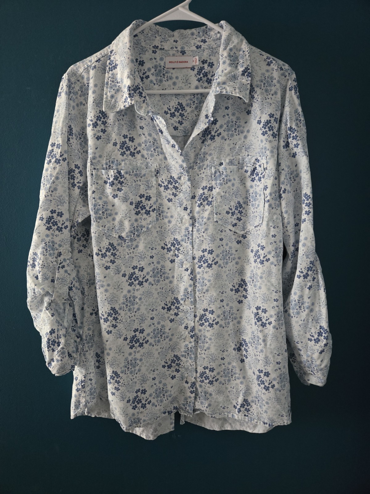 Womens Button Down Blue Floral Top, 100% Lyocell Slits Preppy Garden, Spring XL