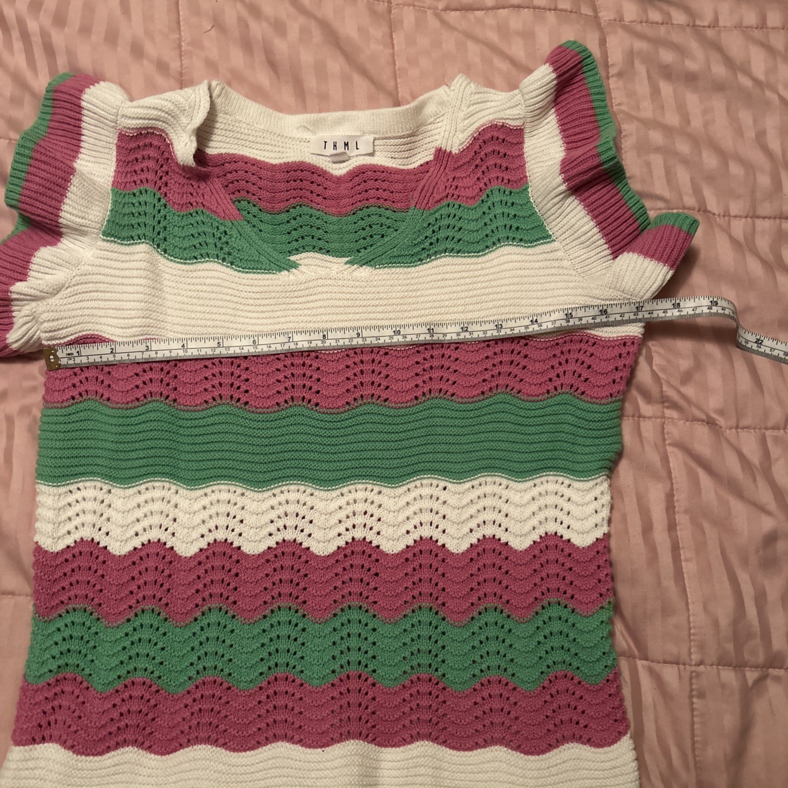 THML knit White Pink Green stripe Flutter top Size M