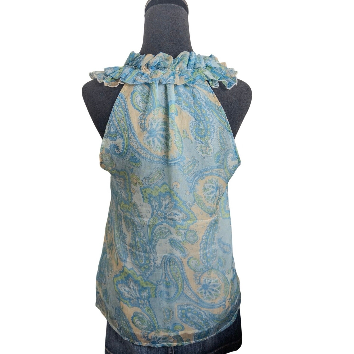 Y2K Elena Solano Silk Paisley Ruffle Blouse Blue Sheer Button Front Small