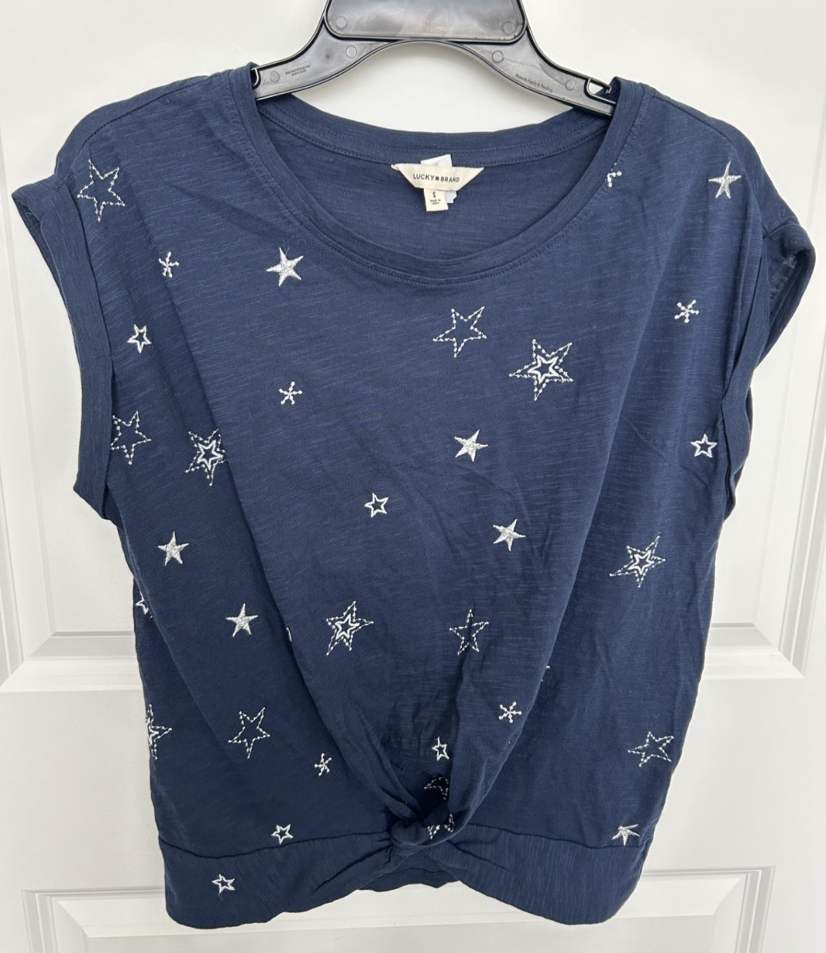 Lucky Small S Blouse Top Shirt Navy Blue Women’s 4th of July Star Cap Sleeve NEW