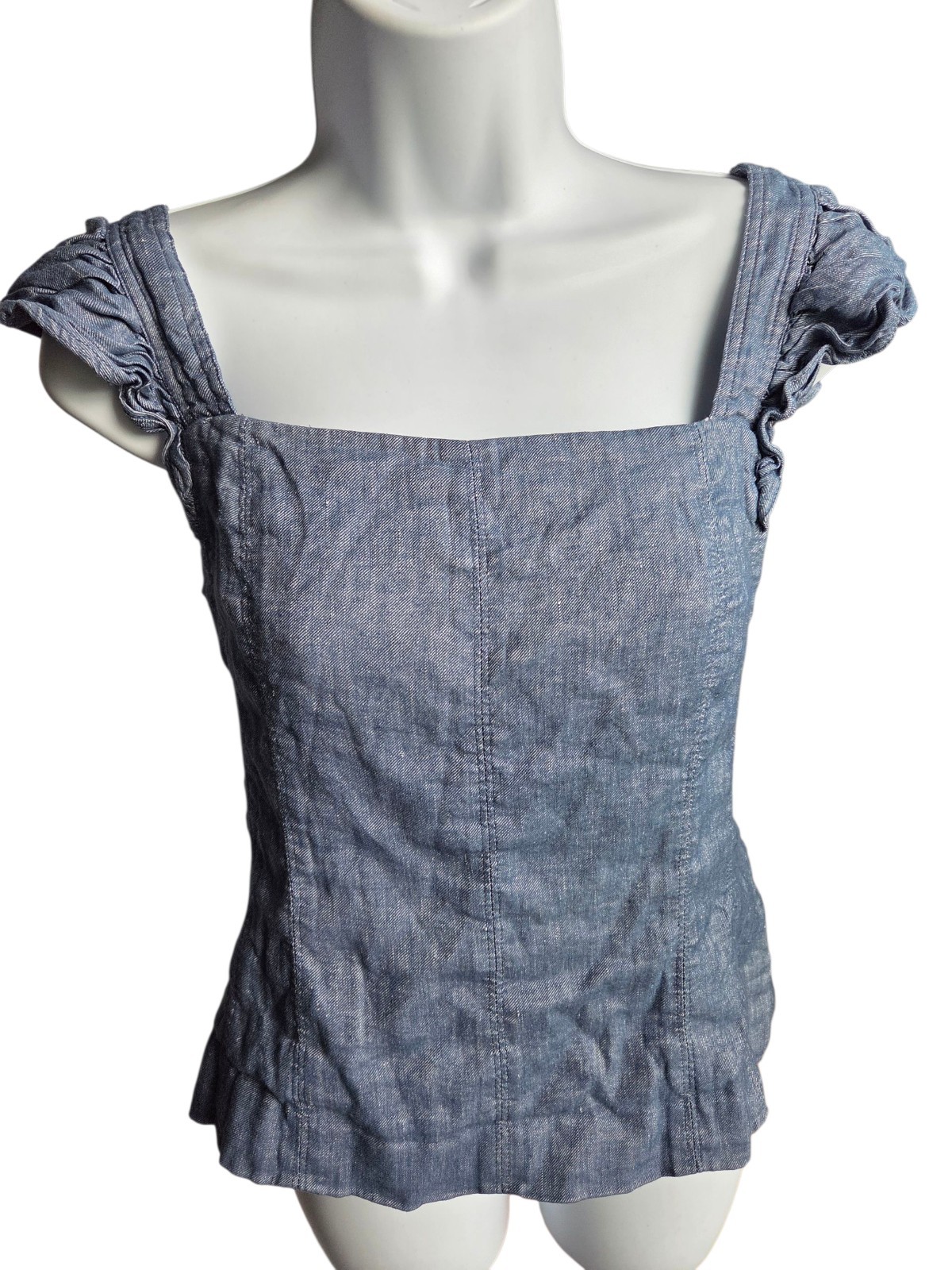 Amur Chambray Dede Zipper Linen Blend Ruffled Flutter Sleeve Cropped Top Size L