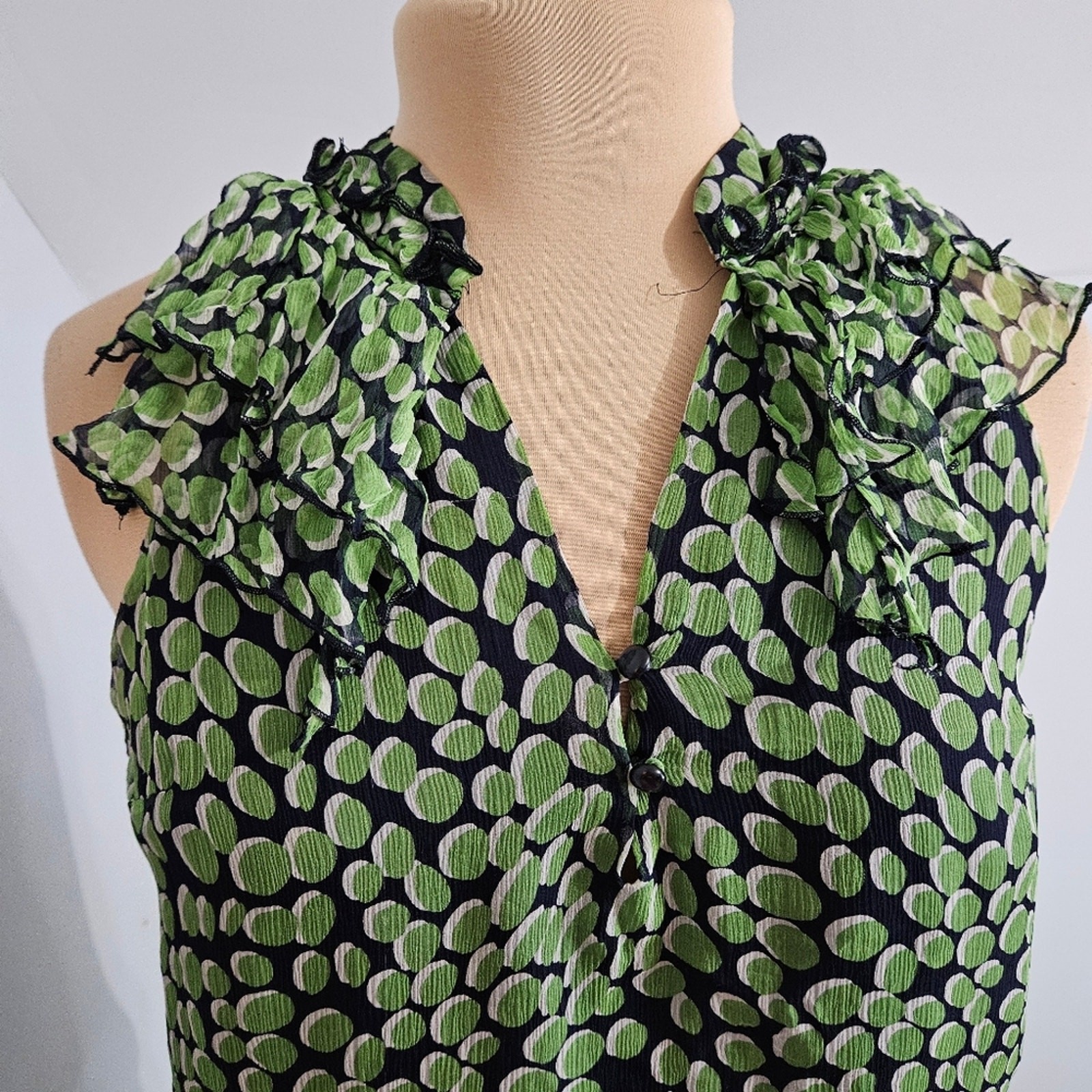 Elena Solano Top 100% Silk Womens Medium Green Blue Ruffled Sleeve Smocked Waist