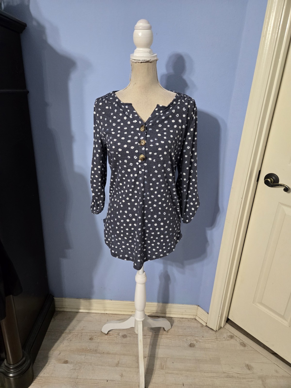 Fred David Small Blouse Womens Blue Gray Polka Dot