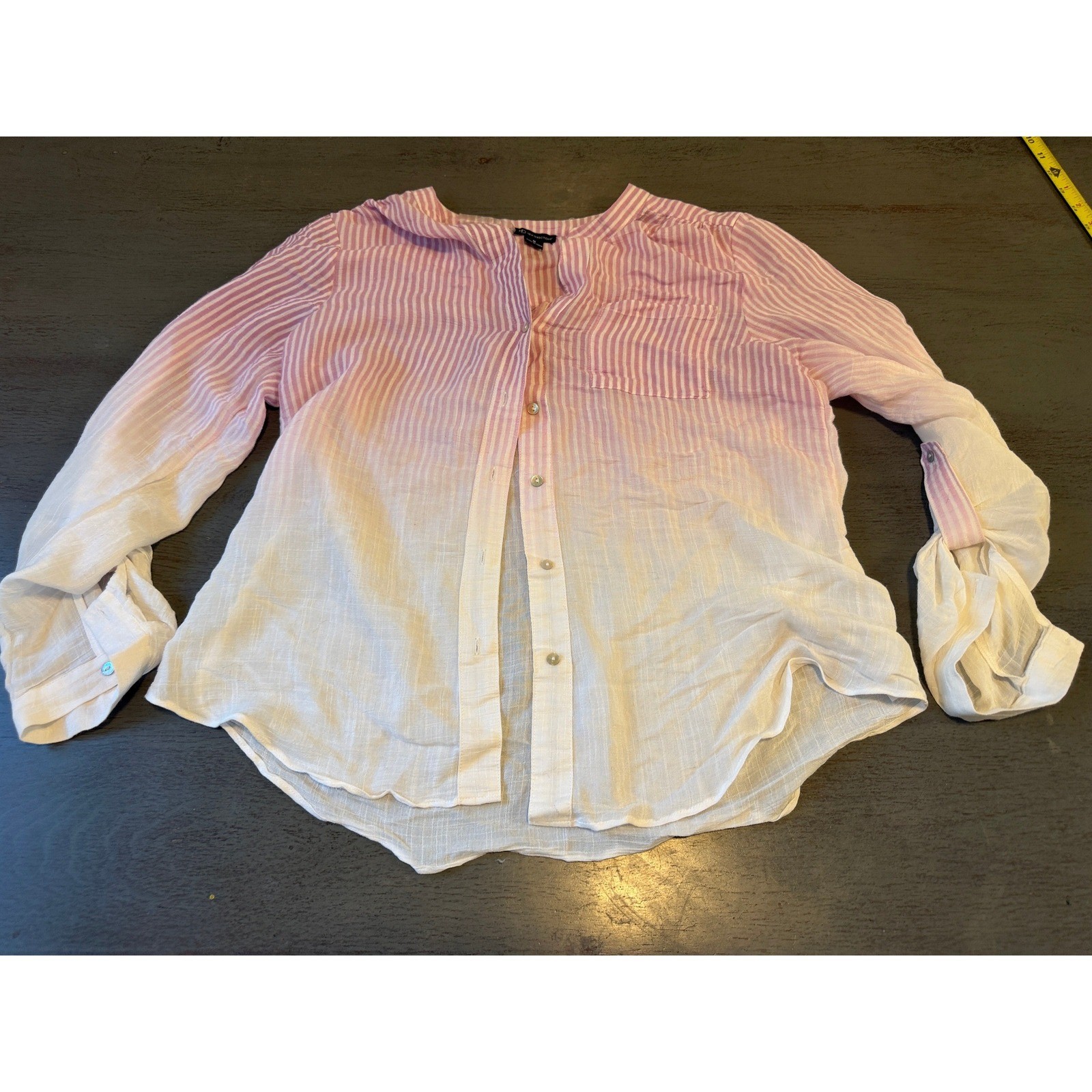 New Directions Pink White Striped Ombre Gauze Button Up Blouse Top Womens Medium