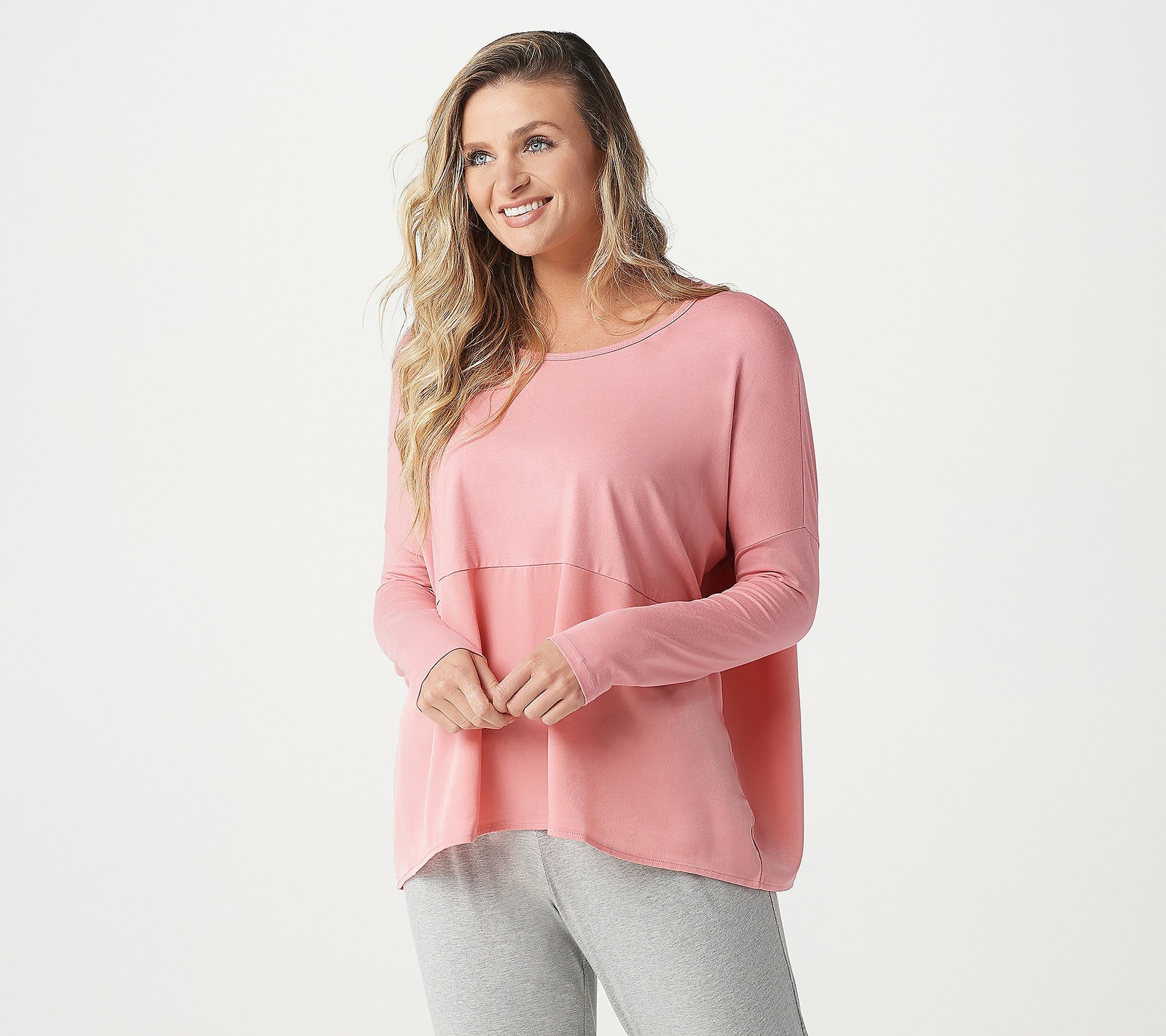 AnyBody Cozy Knit Oversized Long Sleeve Top w/ Satin Trim-Rose-Medium-A367657