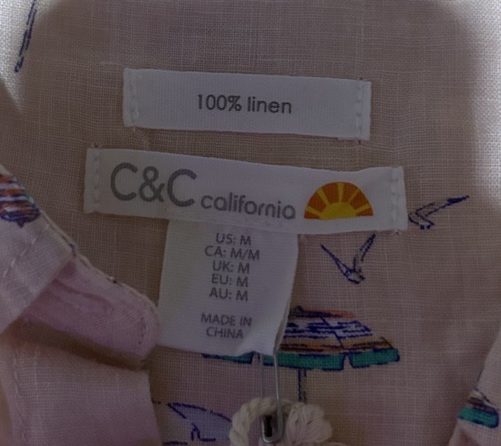 C&C California 100% Linen Button Up Shirt Pink Umbrella Seagulls Print Womens M