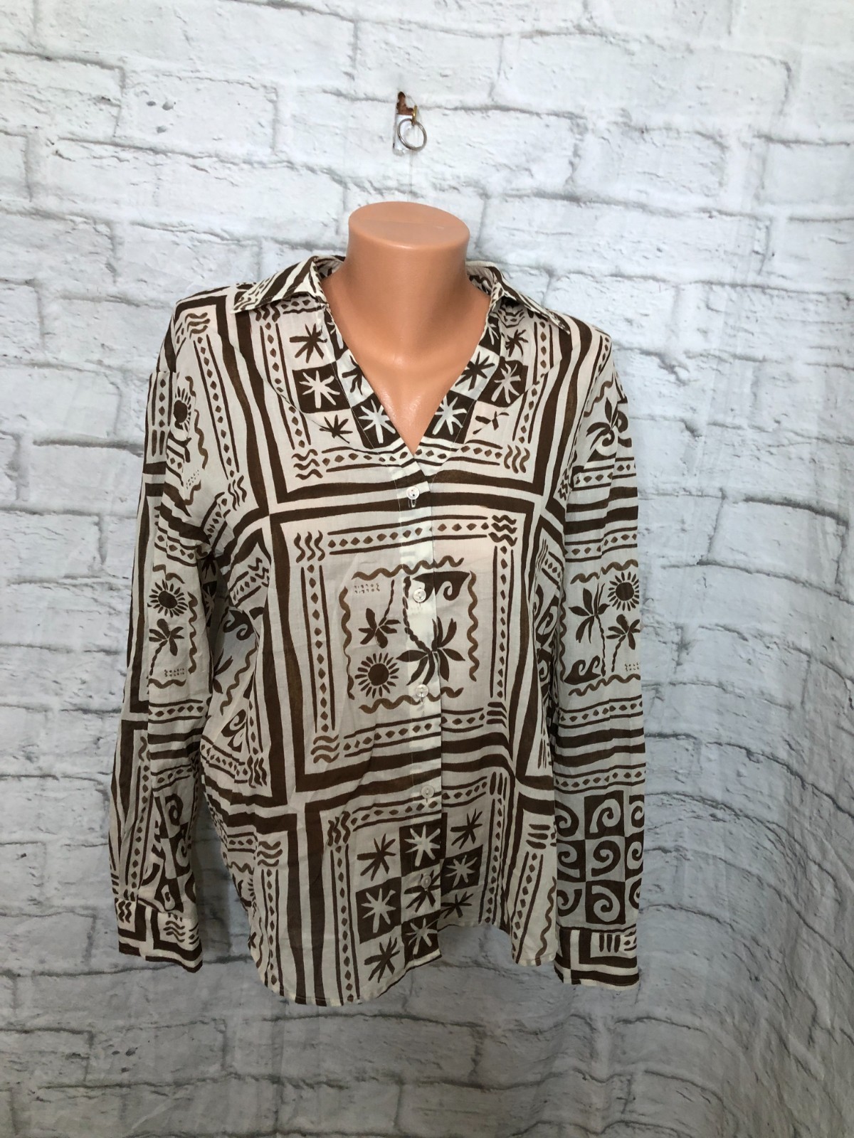 Calypso St. Barth Island Button Up Shirt Size S Brown White