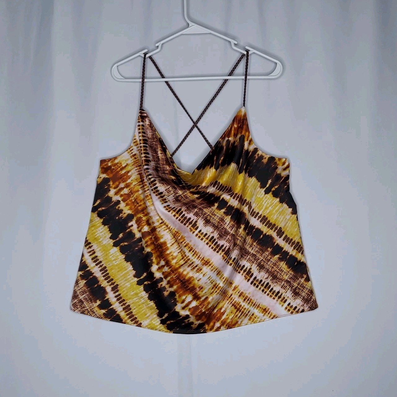 Kensie Satin Camisole Cowl Top Women XL Brown Yellow Stripe Braided Strap Glam