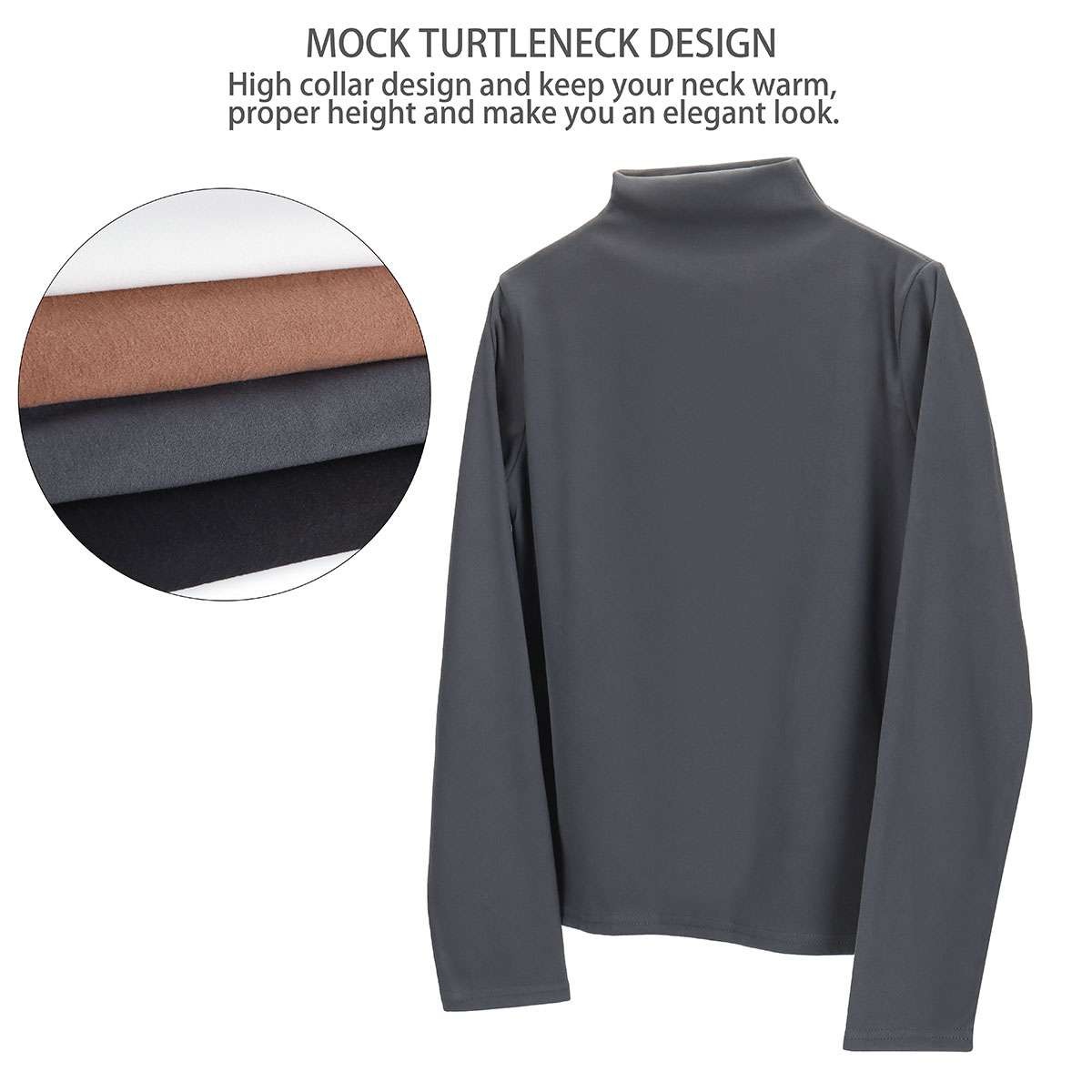 Winter Warm Brushed Fleece Long Sleeve Stretch Turtleneck Mock Neck Top Shirt