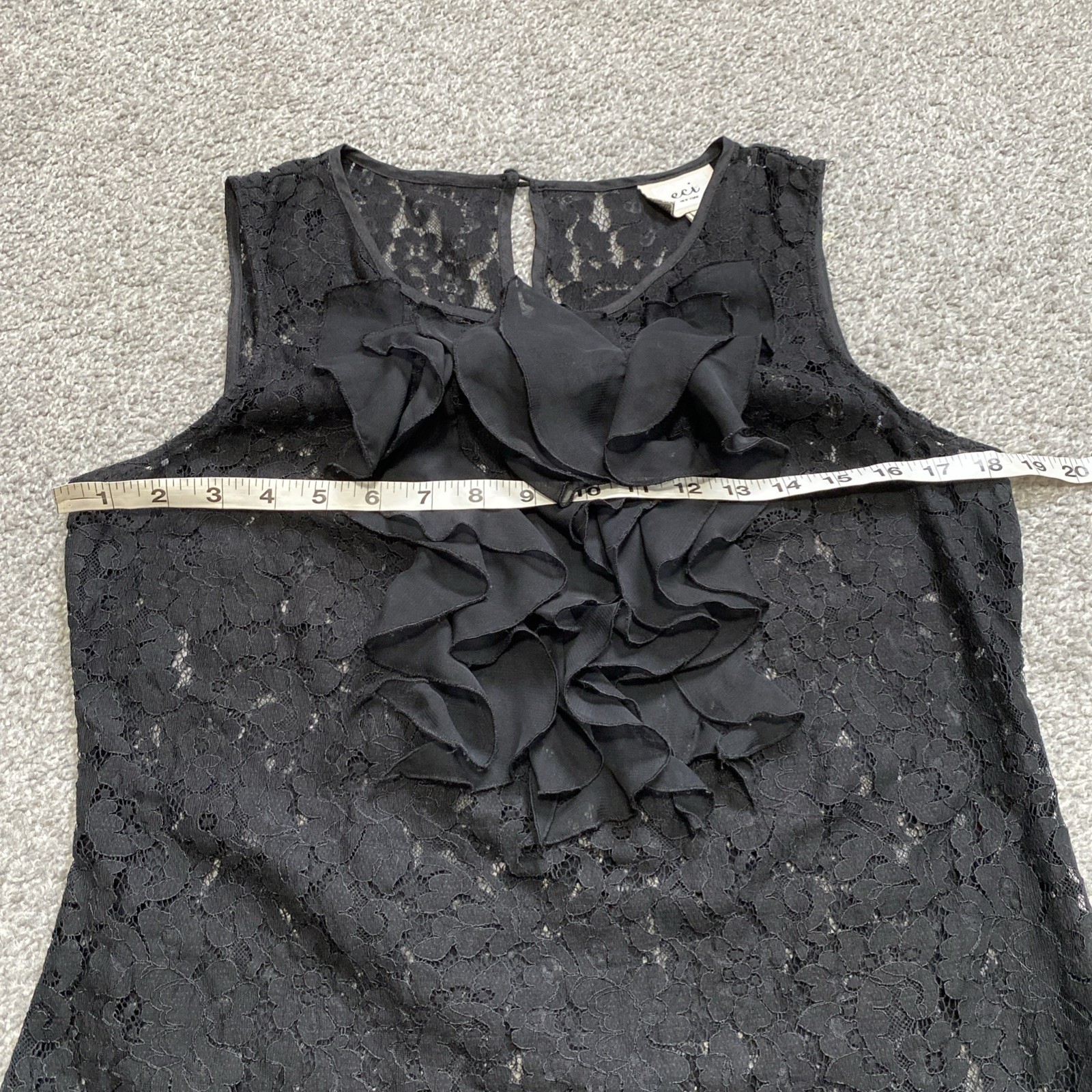 ECI NY Sheer Floral Black Lace Top Sz M 10 Sleeveless Ruffle Victorian Romantic