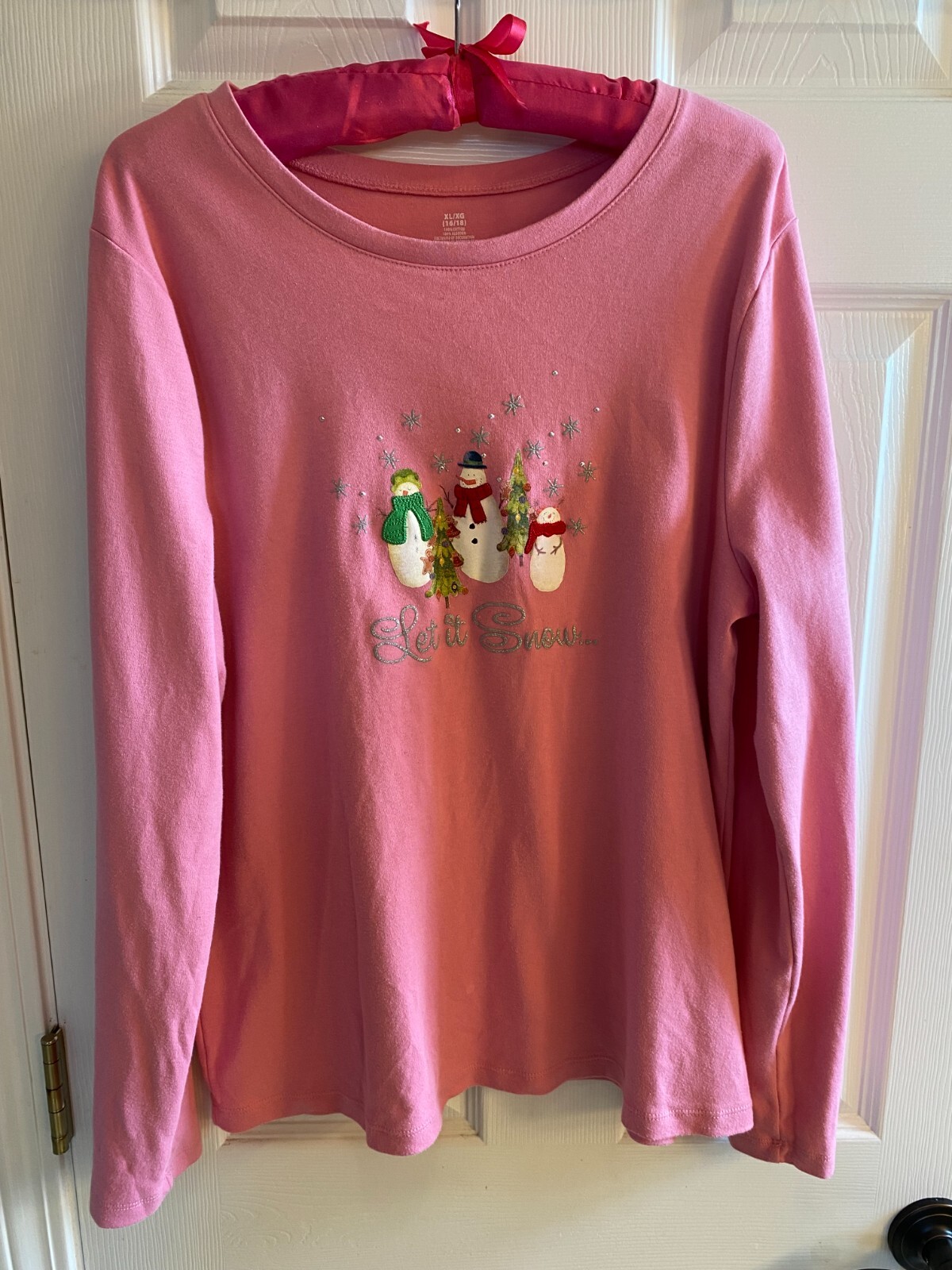 Christmas Yule Blouse Top Cotton Jersey Snowmen “Let It Snow” Pink XL EUC R393