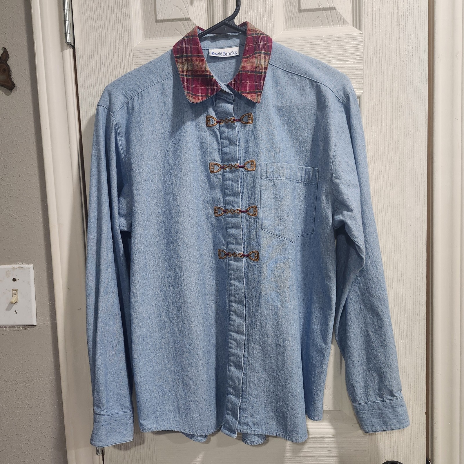 Vintage 90s David Brooks Denim Blouse Plaid Collar Embroidered Toggle Front…