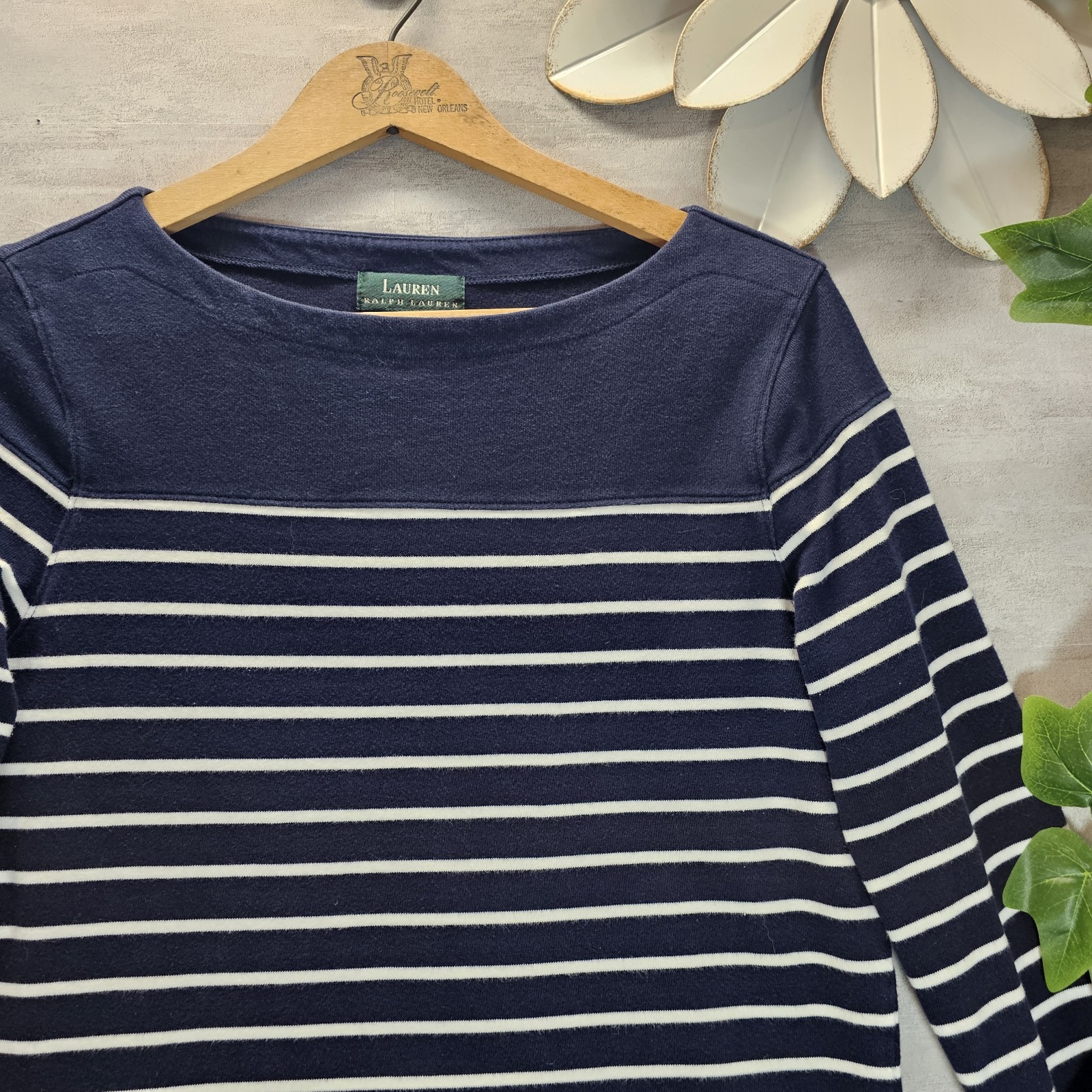 Lauren Ralph Lauren Women Small L/S Striped Boatneck Top Navy White Nautical EUC