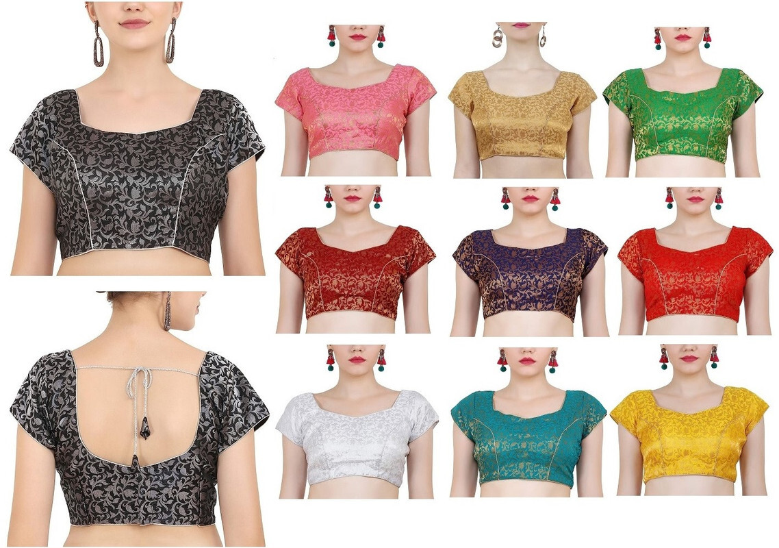 Women’s Handmade Brocade Blouse Short Sleeve Saree Blouse Tunic Crop Top Choli