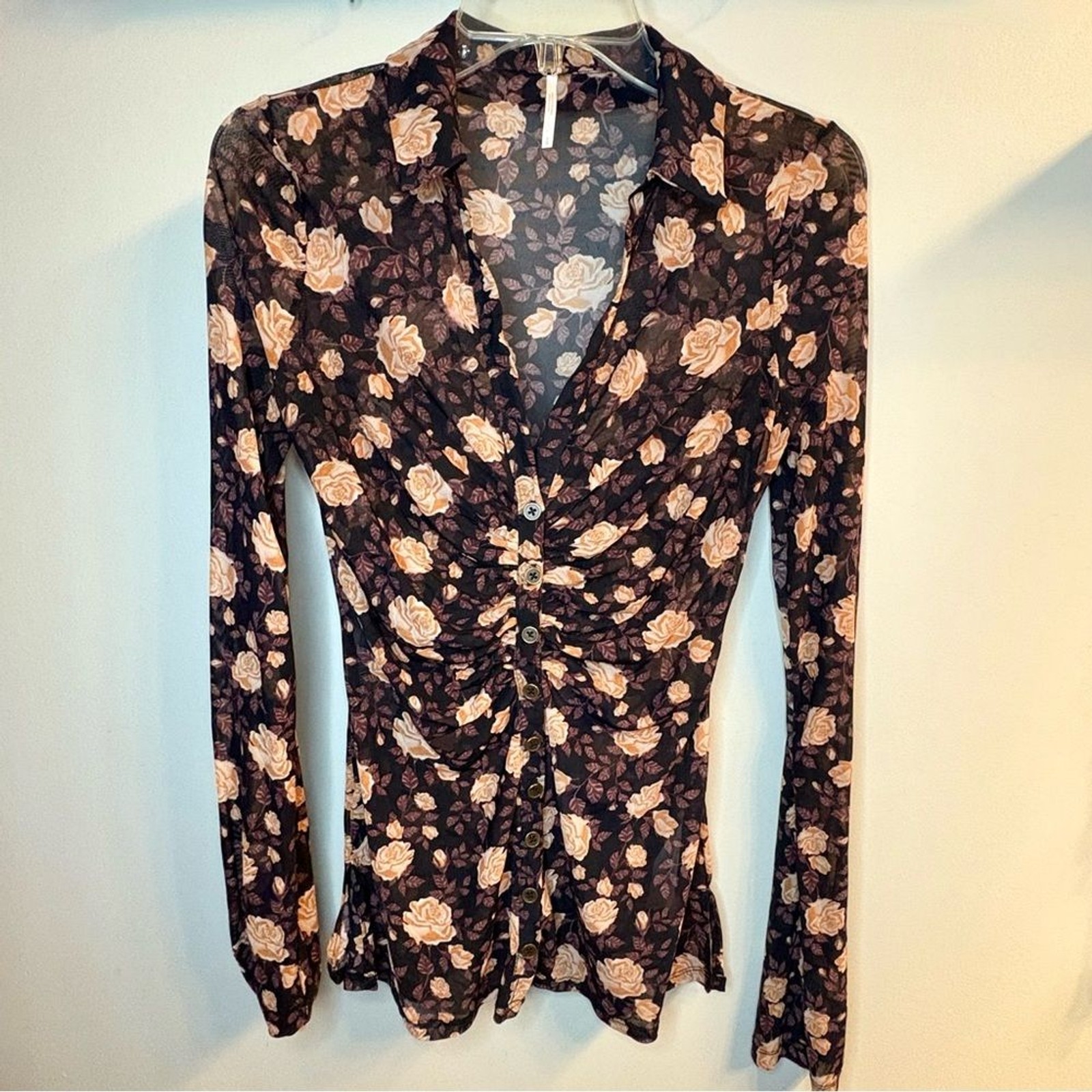 Free People Lucky Shirtee Black Tan Brown & Purple Sheer Mesh Layering Top Sz S
