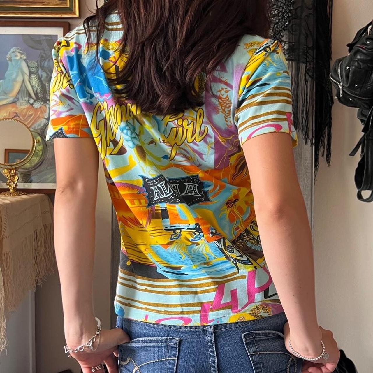 Evis Women Y2K Hawaiian Beaded Glamour Girl Aloha Baby Tee Multi Size L/XL