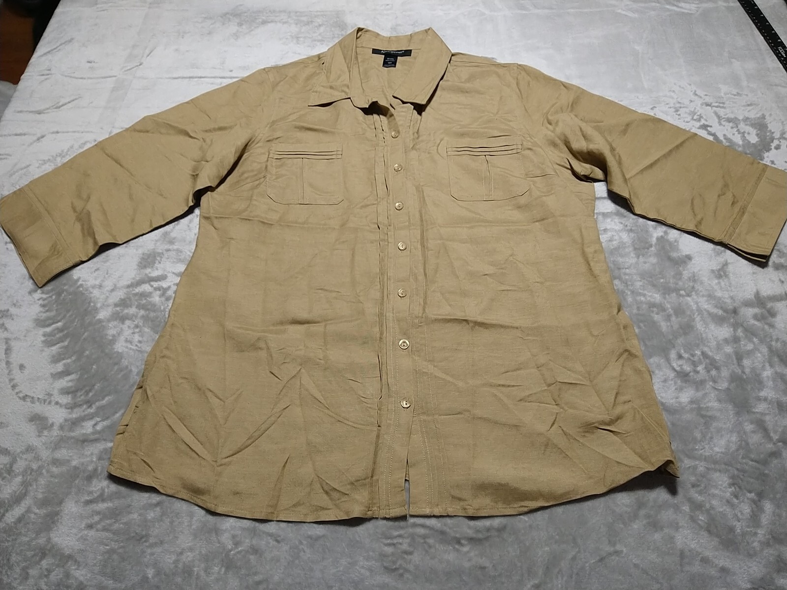 Ashley Stewart Blouse Ladies 16W Brown 55% Linen 45% Rayon Pleated 3/4 Sleeves