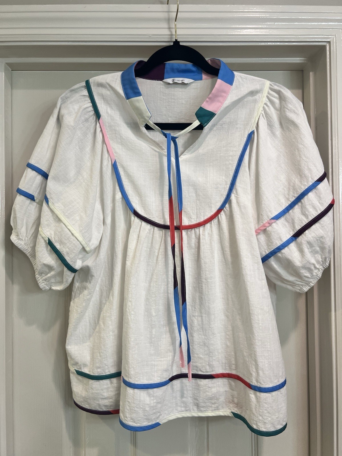 Cicy Bell White Cotton Baby Doll-Puff Sleeve Blouse Tie Neck Women’s S