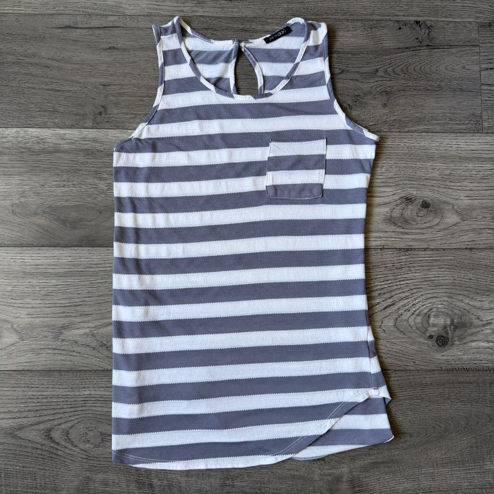 Papermoon | Grey & White Striped Sleeveless Tank with Tulip Hem – Size Small