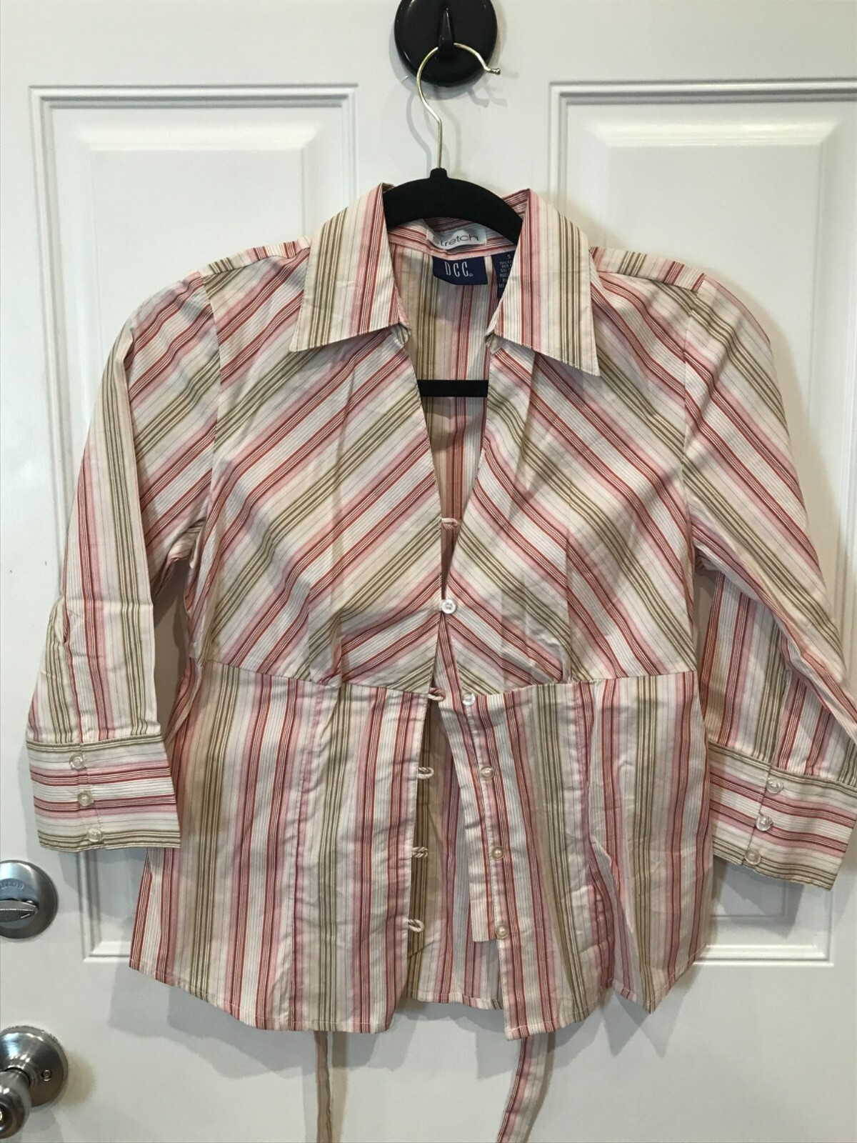 DCC Womens Button Up Shirt Size S Pink striped Stretch Half Sleeve Casual Retro