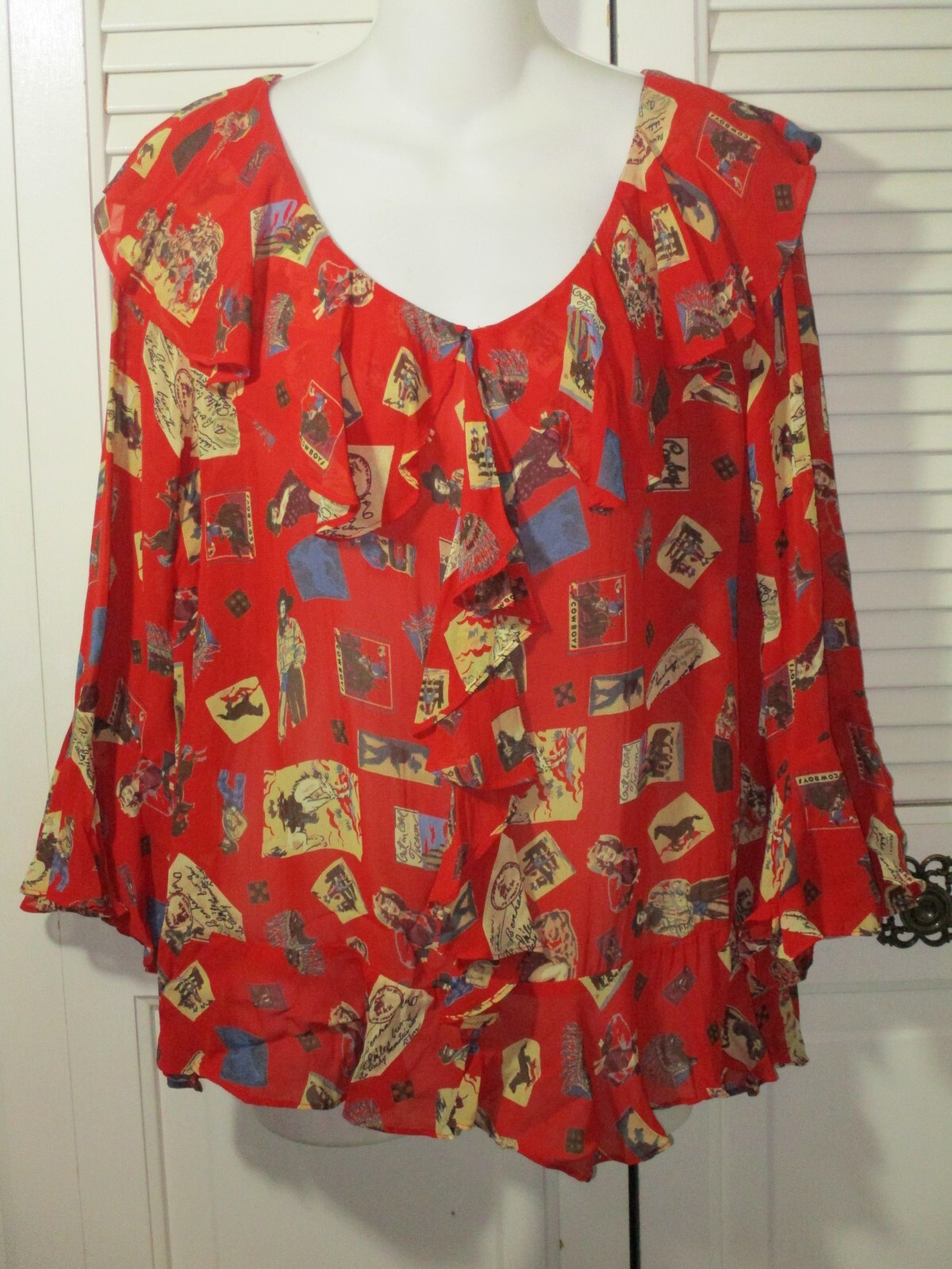 Vtg. Isabella Cowboys & Cowgirls Western All-Over Print Rayon Blouse M