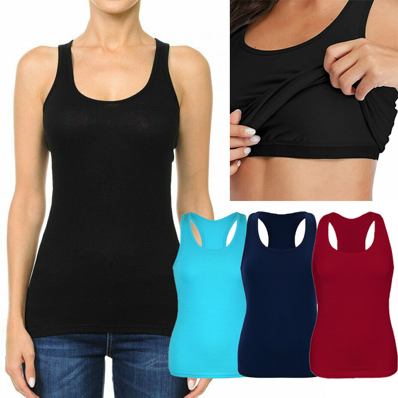 Women’s Basic Solid Scoop Neck Racerback Tank Top With Built in Shelf Bra Shirt