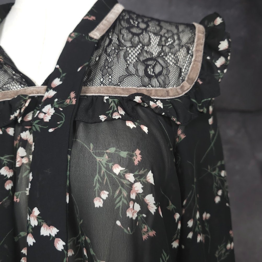 Blu Pepper Sheer Floral Lace Blouse S Black Ruffle Tie Neck Cottage Boho