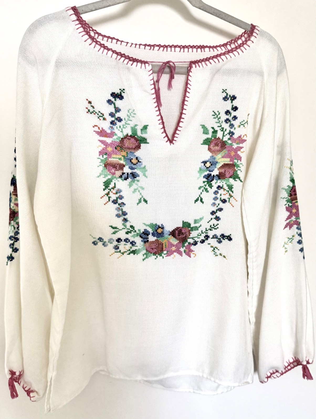 Traditional Yugoslavian Hand Embroidered Peasant Blouse M White Colorful Floral