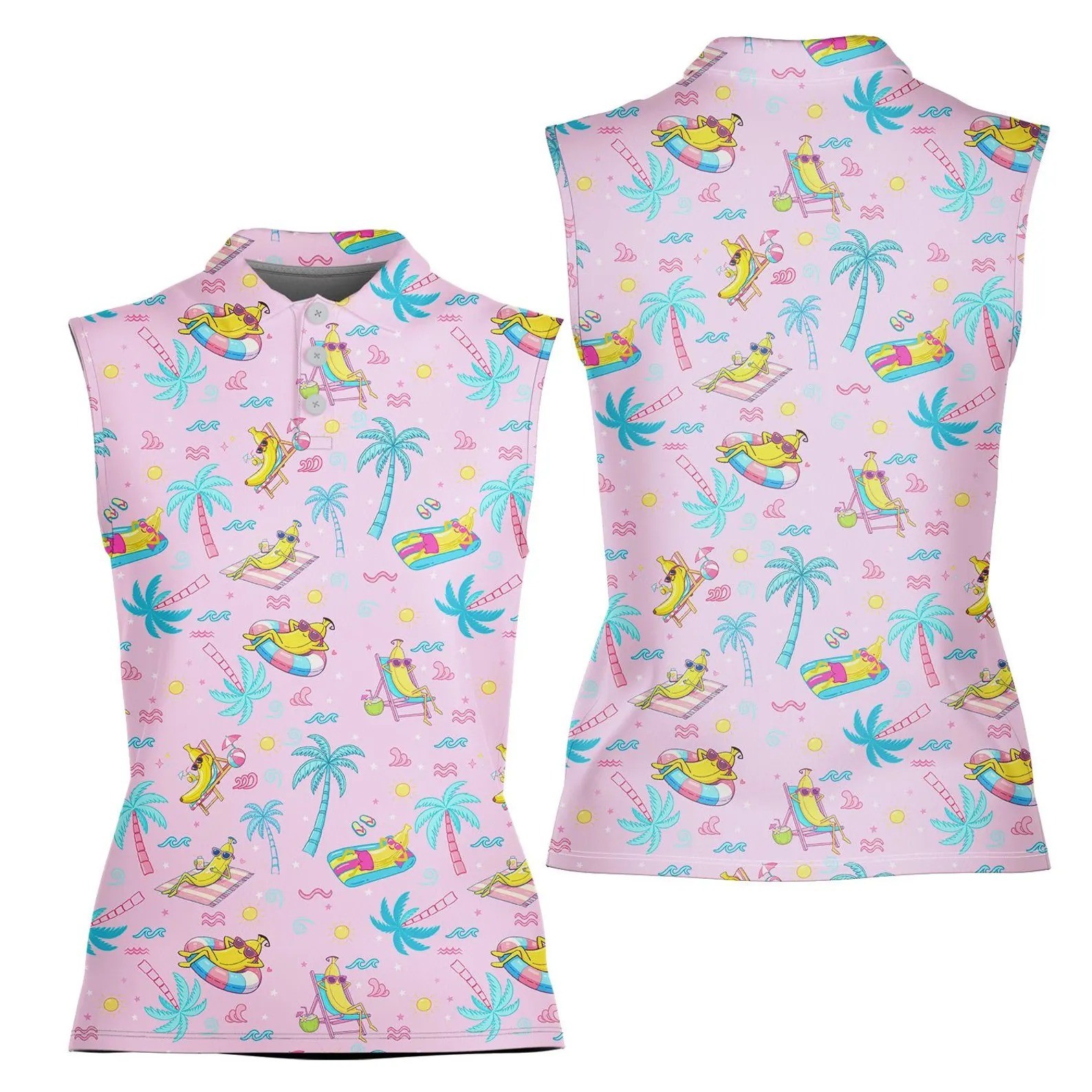 Tropical Banana Polo Women Sleeveless Golf Shirt Beach Summer Top