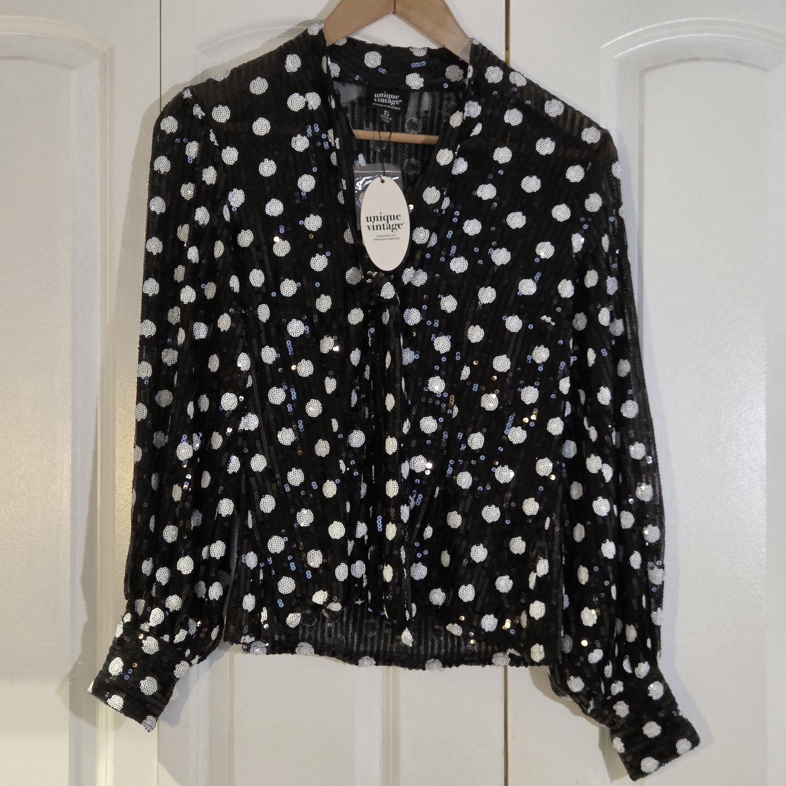 Unique Vintage Womens Top Size M Black White Balloon Sleeve Polka Dot Blouse NWT