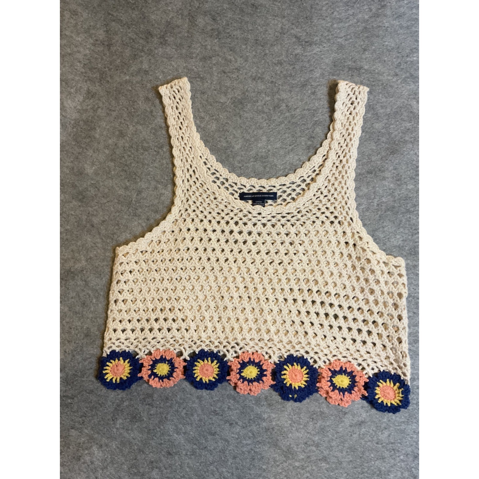 American Eagle Crochet Tank Top Cream Floral Daisy Hem Boho Crop Small