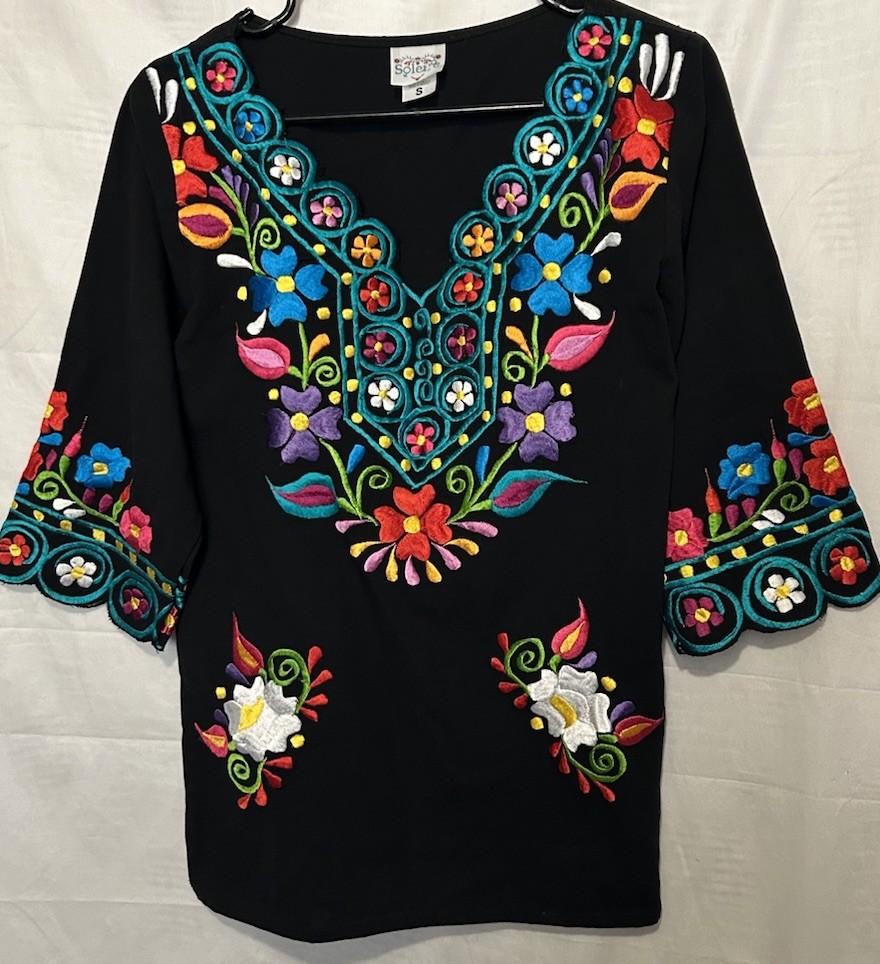 Solei Top S Black Mexican Embroidered Peasant Blouse Boho Hippie Festival Shirt