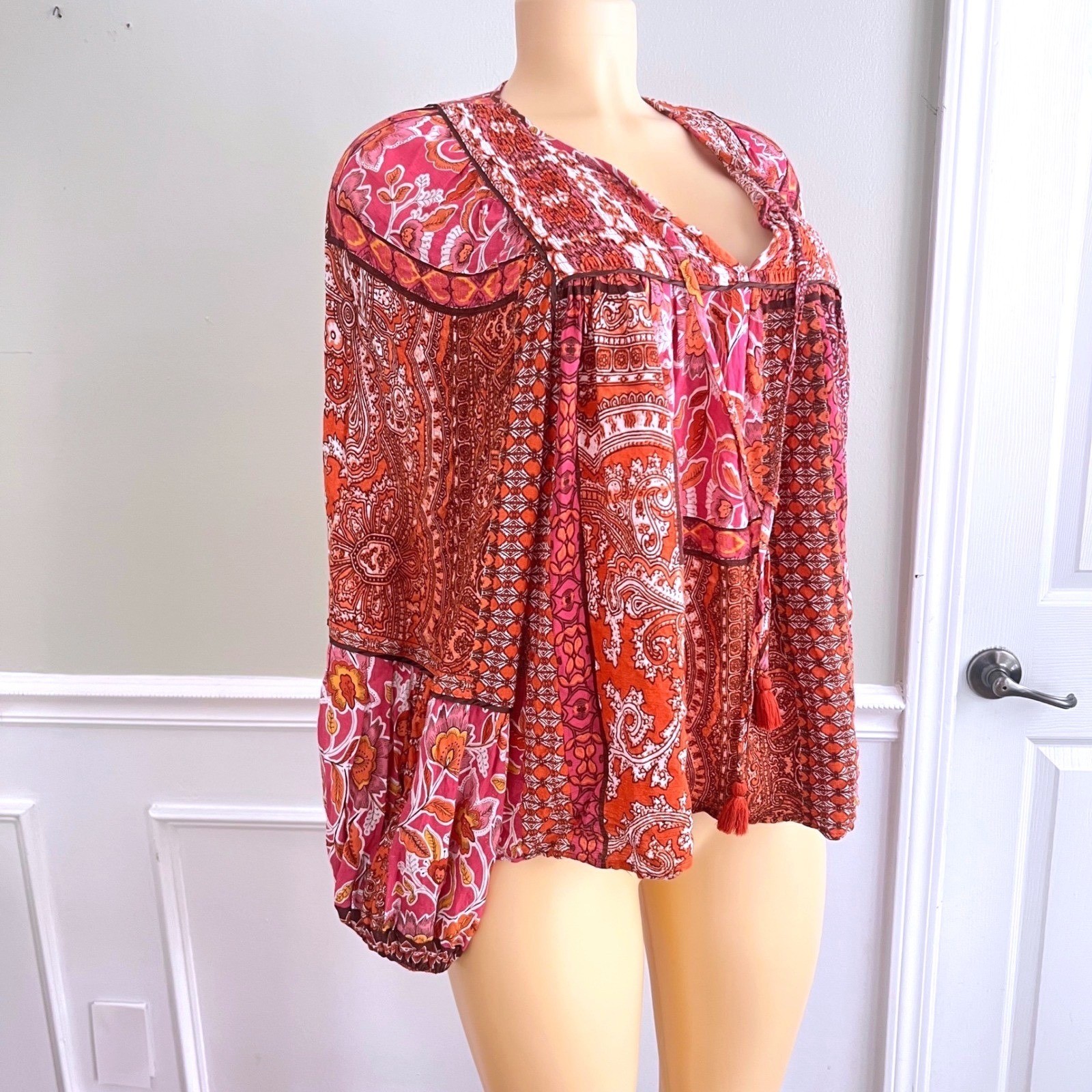 Boho Patchwork Peasant Blouse Womens Sz S Paisley Orange Pink Tassel Cottage