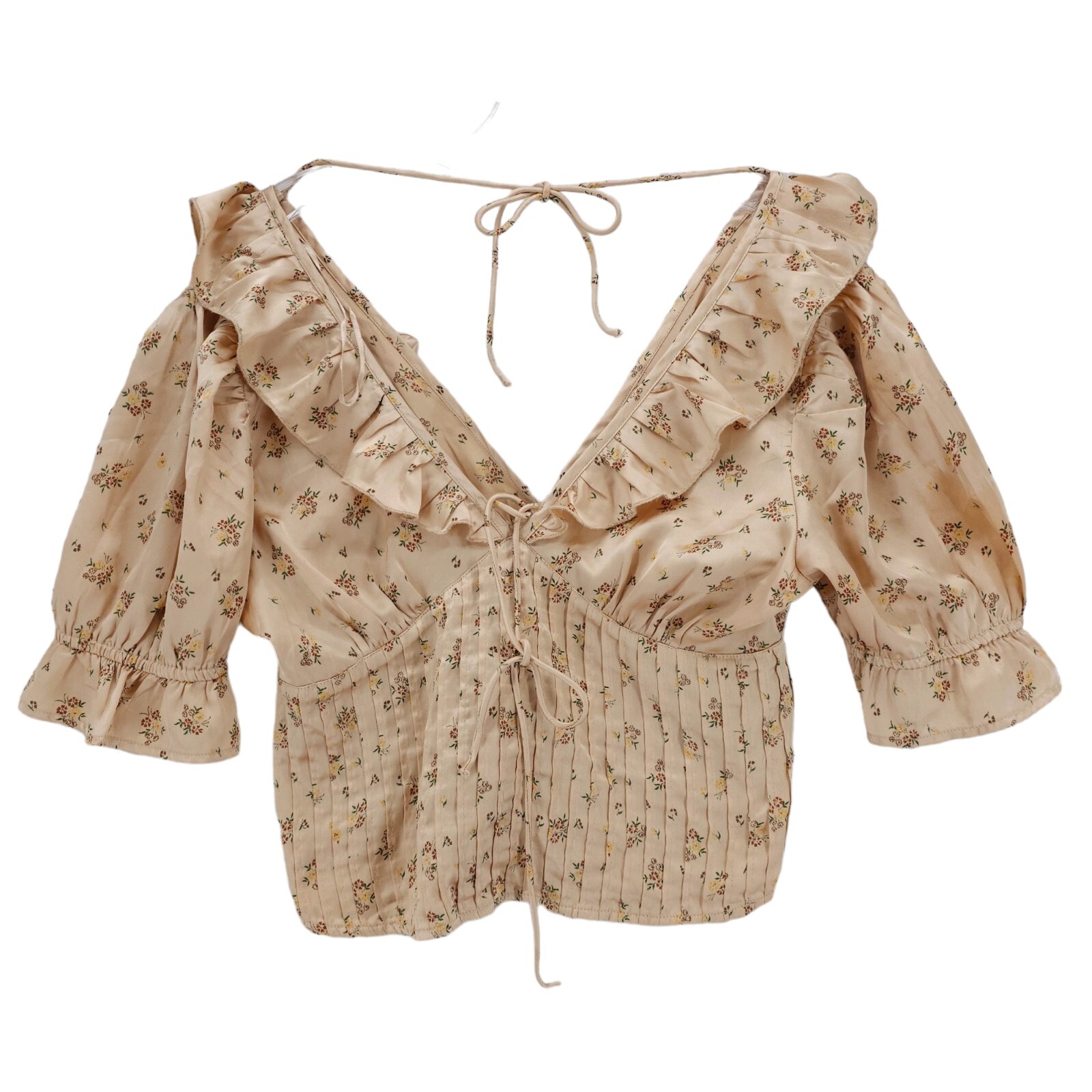 FREE PEOPLE Crop Blouse Ruffle Shirred Pintuck Floral Size SMALL