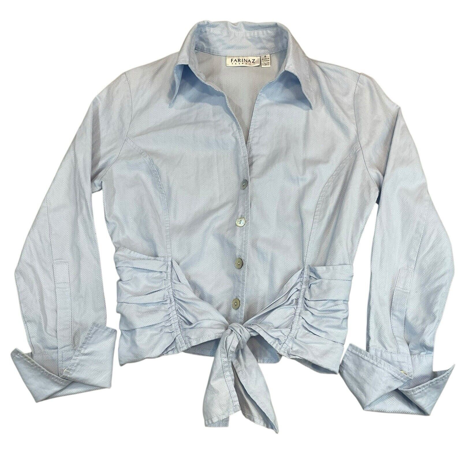 Farinaz Taghavi Blue Ruched Front Button Tie Blouse Women’s Size 4 Quiet Luxury