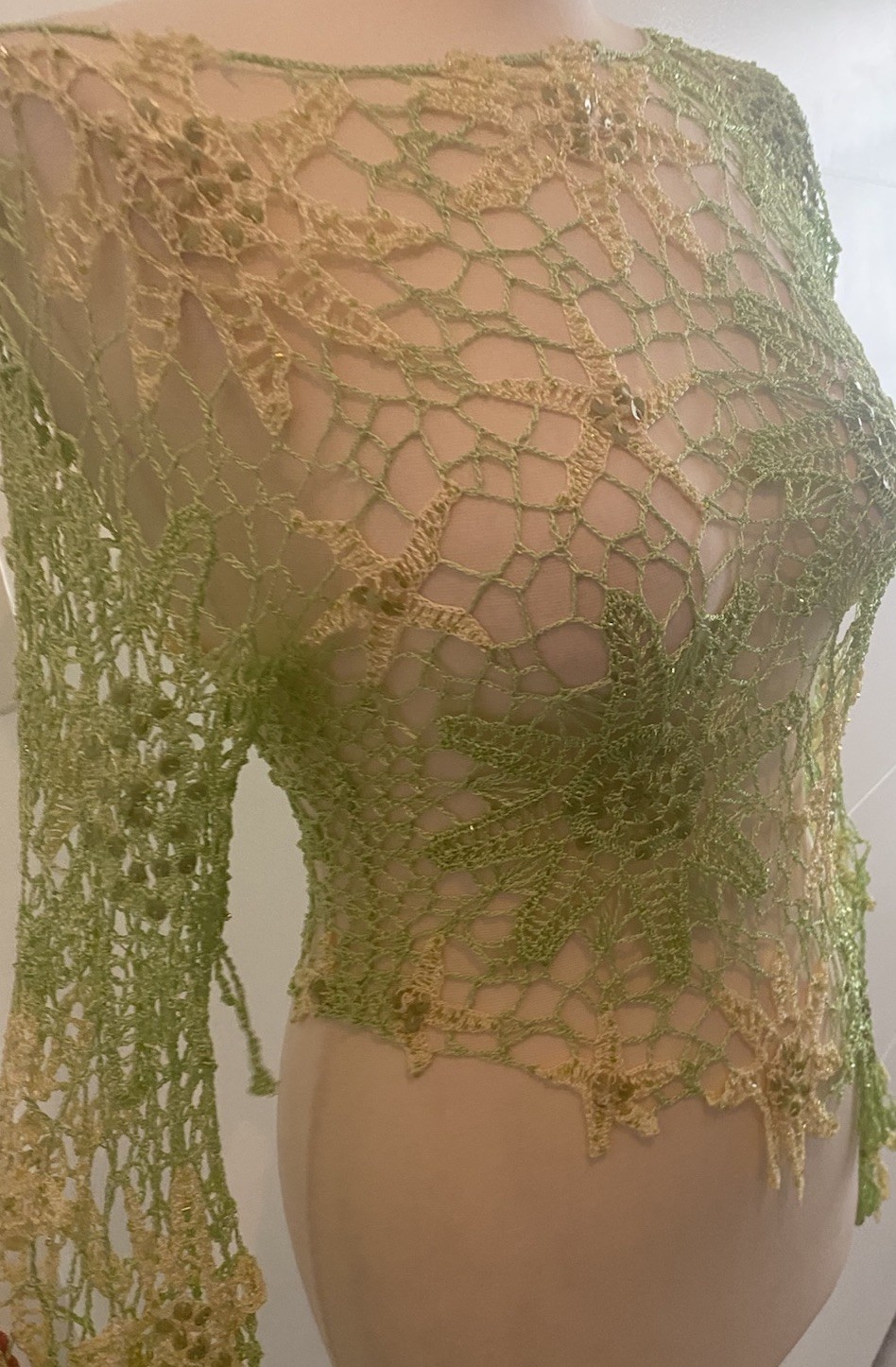 Mesh Crocheted Beaded Pullover Top Long Sleeve Green/light Yellow Wm Sm/M