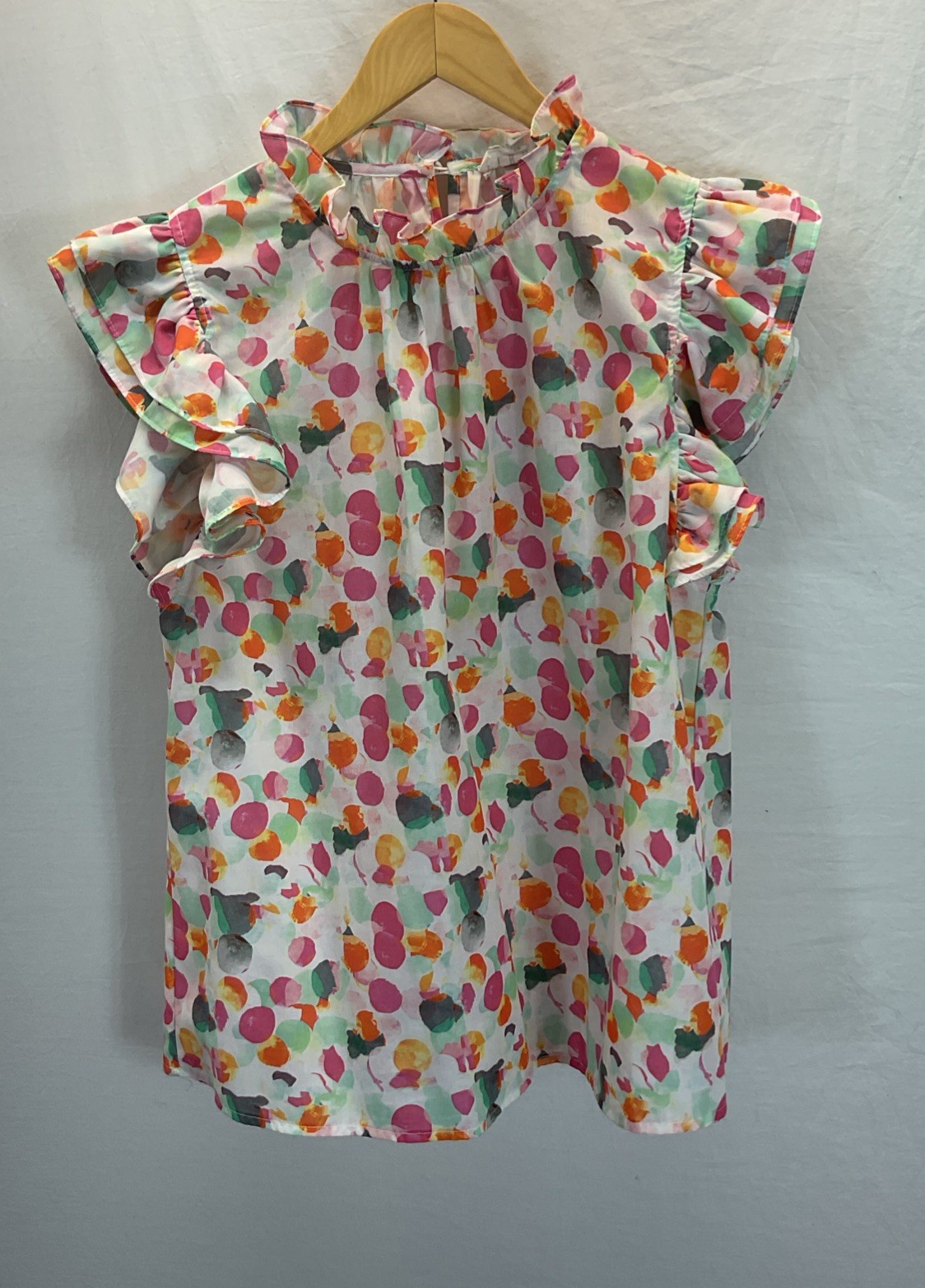THML Abstract High Ruffle Neck Flutter Sleeve Blouse Top Size L Romantic Summer