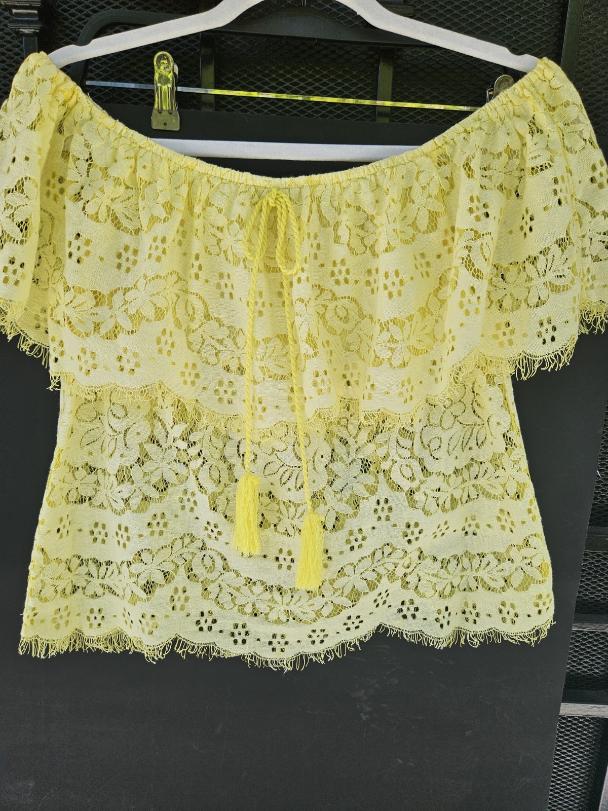 Flying Tomato Yellow Lace Off-Shoulder Boho Top With Tassels Size M