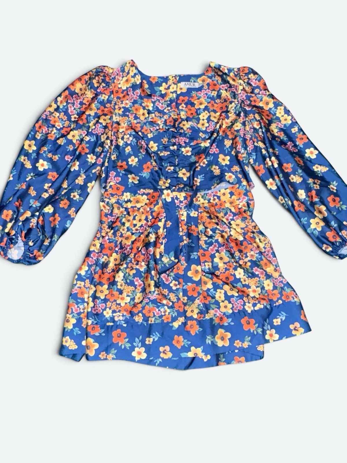 AMUR Xiomara Balloon Sleeve Shorts Set in Cheerful Blue Ombre Floral MSRP $596